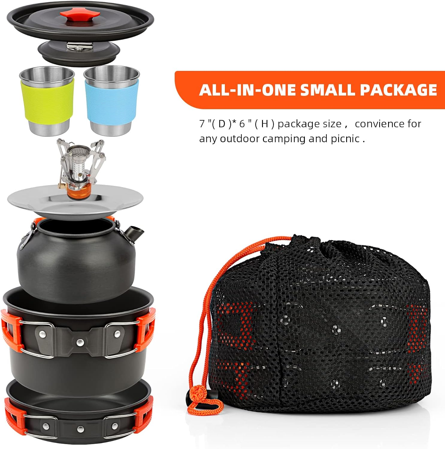 16Pcs Camping Cookware Mess Kit, Aluminum & Stainless Steel, Orange, One Size image number 2