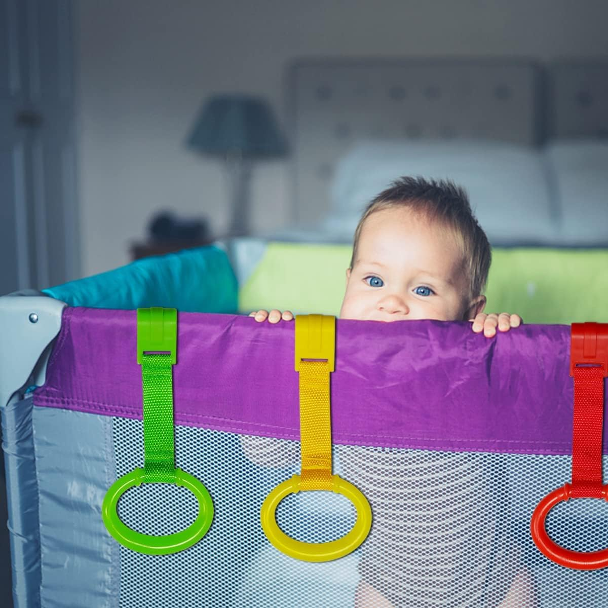 4 PCS 4 Colors Plastic Baby Crib Pull Rings Kids Walking Exercises Assistant Stand up Rings Baby Cot Hanging Rings for Infant Baby Toddler Practice Tool image number 3