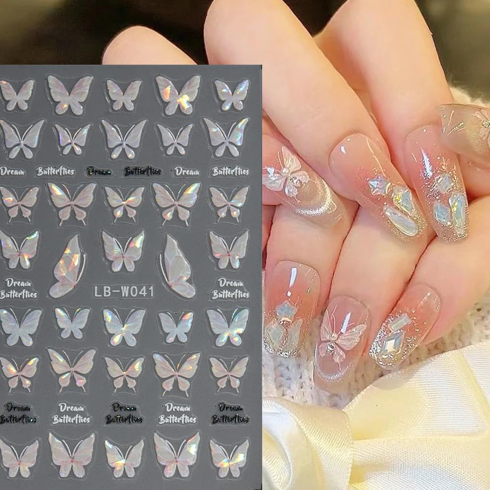 2Sheets Nail Art Stickers, 3D Self-Adhesive Holographic Butterfly Nail Design image number 2