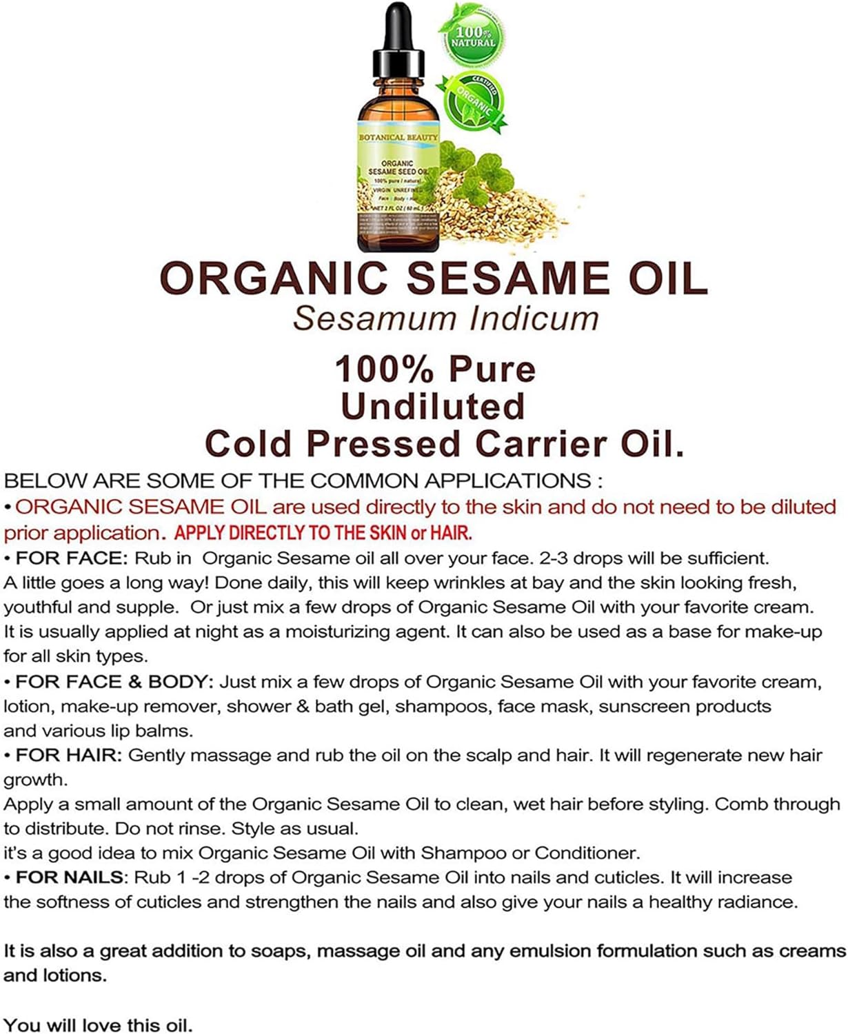 Organic SESAME SEED OIL 100% Pure Natural Virgin Unrefined Undiluted Cold Pressed Carrier Oil for Face, Skin, Body, Hair, Massage, Nails. 2 Fl. Oz - 60 Ml by Botanical Beauty image number 2