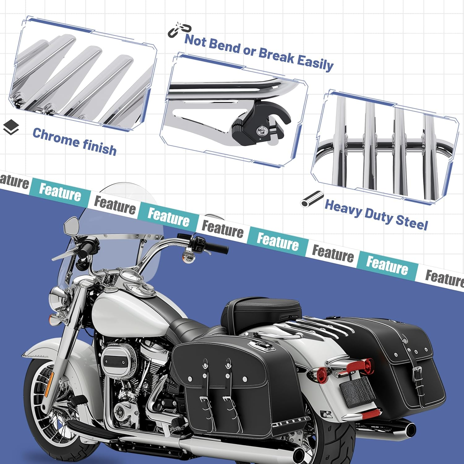 ECOTRIC Stealth Detachable Luggage Rack Compatible with 2009-2024 Harley Davidson Touring Models Street Glide Road Glide Road King Electra Glide FLHR FLTR Chrome image number 5