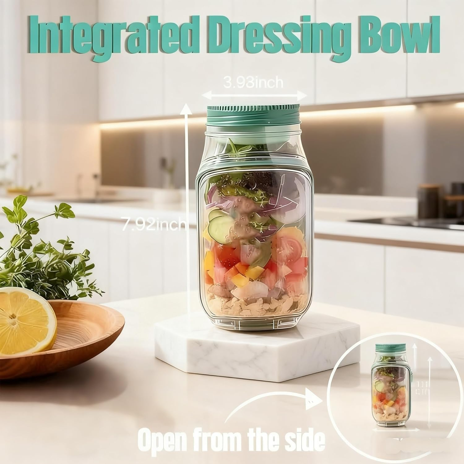 Salad Jar with Side Opening,Igugig Salad Pod Mason Jar Container with Leakproof Dressing Cup Dishwasher Safe Canisters for Meal Prep Home Outdoor Travel image number 1
