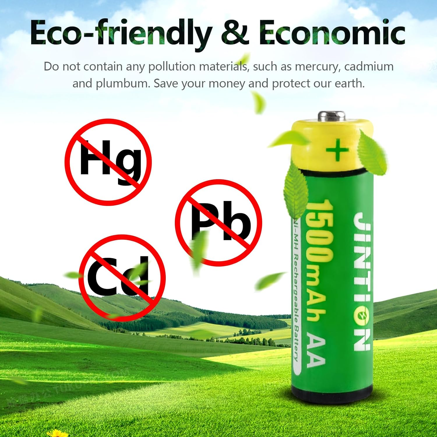 JINTION Rechargeable AA Batteries 4 Pack Double a 1.2V Ni-Mh 1500Mah Solar Light Battery High Capacity Low Self Discharge for Toys Remote Lights Solar Lights