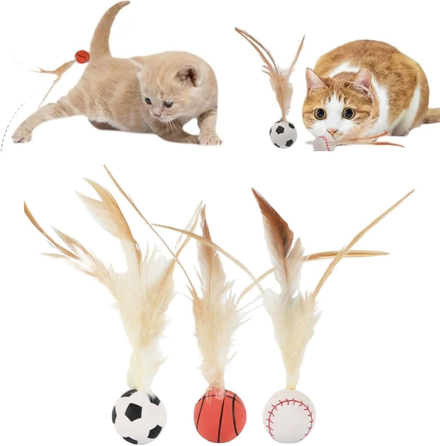 WADY 3PCS Interactive Feather Ball Toy for Cats - Bouncy Cat Toy with Elastic Tails, Indoor Rolling Exercise Ball for Kitty Play, Soft Feather (3) image number 4