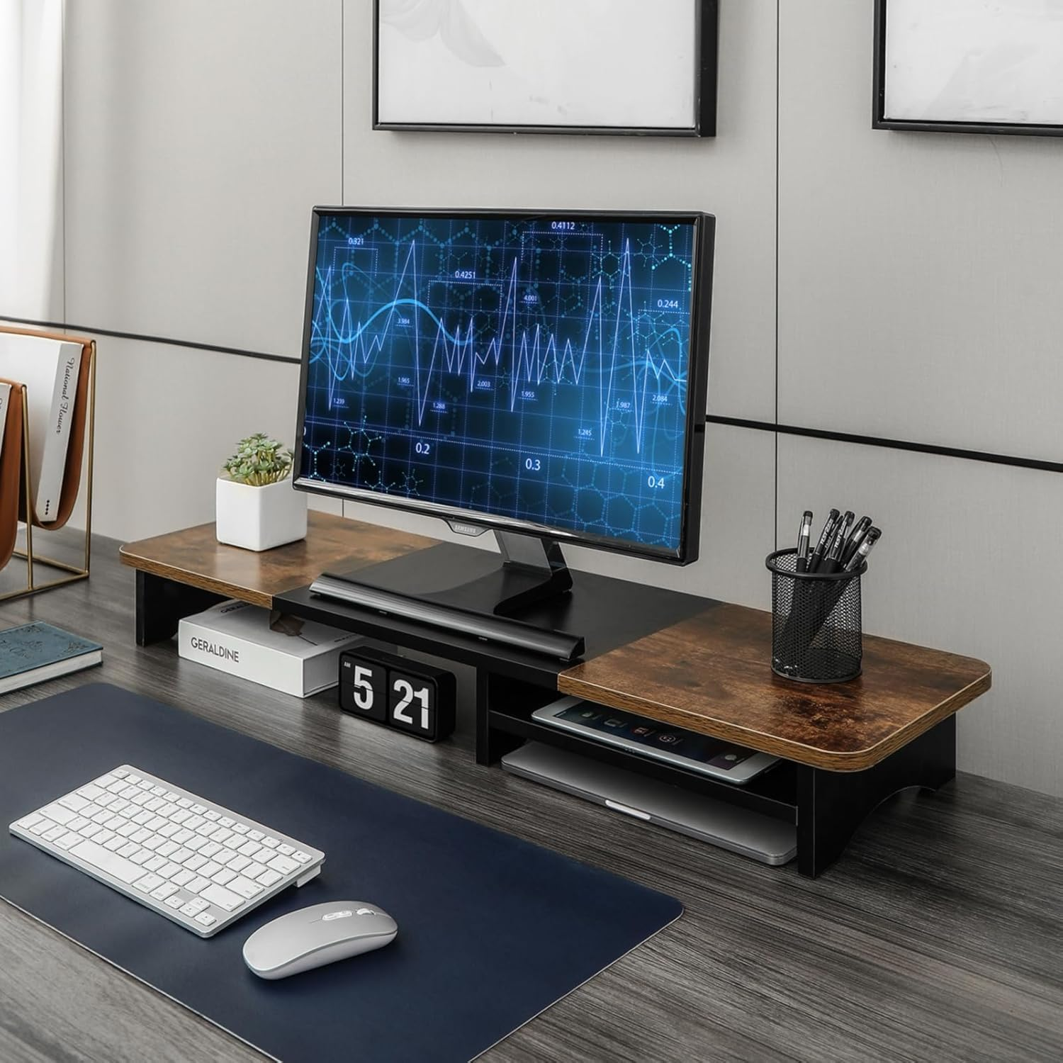 Monitor Stand with Drawer, Dual Monitor Stand Riser for Desk, Wooden Computer Monitor Stand & Desktop Shelf, Home Office Desk Accessories, 39.3"X10.6"X4.3" (Brown & Black) image number 5