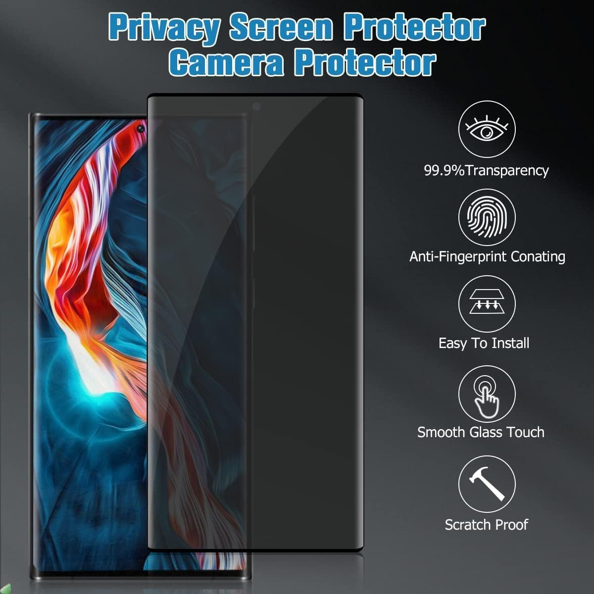 (2+2PCS) RUNGOS for Samsung S23 Ultra Privacy Screen Protector Tempered Glass with Camera Lens Protector [Fingerprint Sensor Friendly] anti Spy Privacy Screen for Galaxy S23 Ultra Screen Protector 12 image number 1