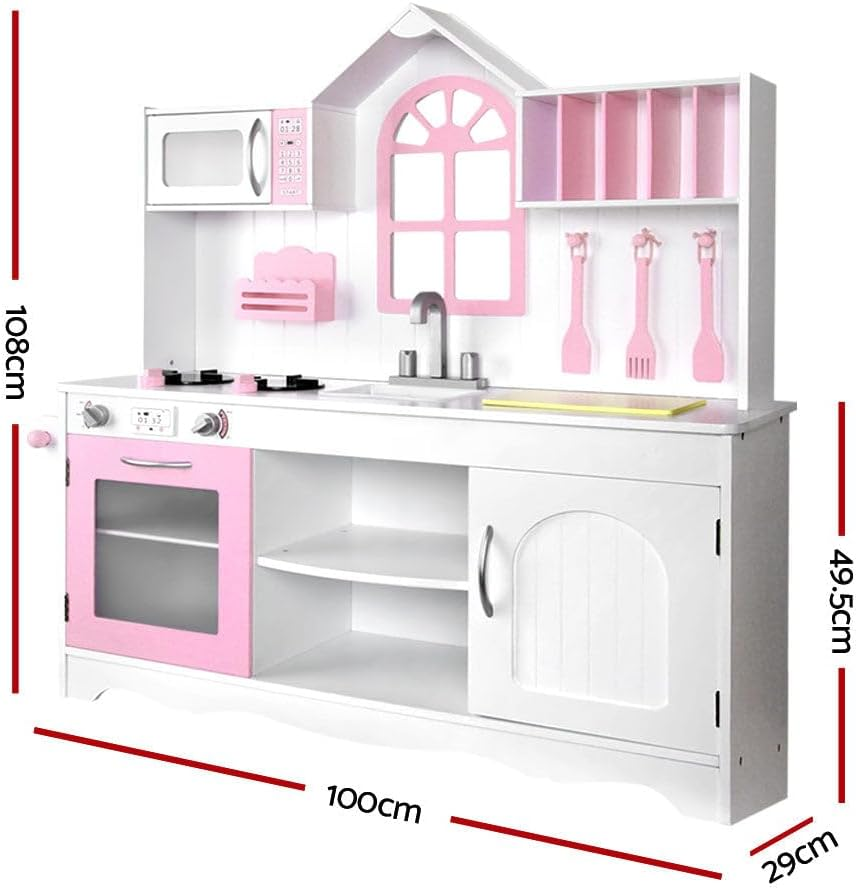Keezi Kids Kitchen Set 12 in 1 Pretend Play Food Playset Wooden Toys Mud Kitchens Children Cooking Cookware Sets Toy Home Cubby House Furniture for Boys Girls, Ample Storage Space Pink White