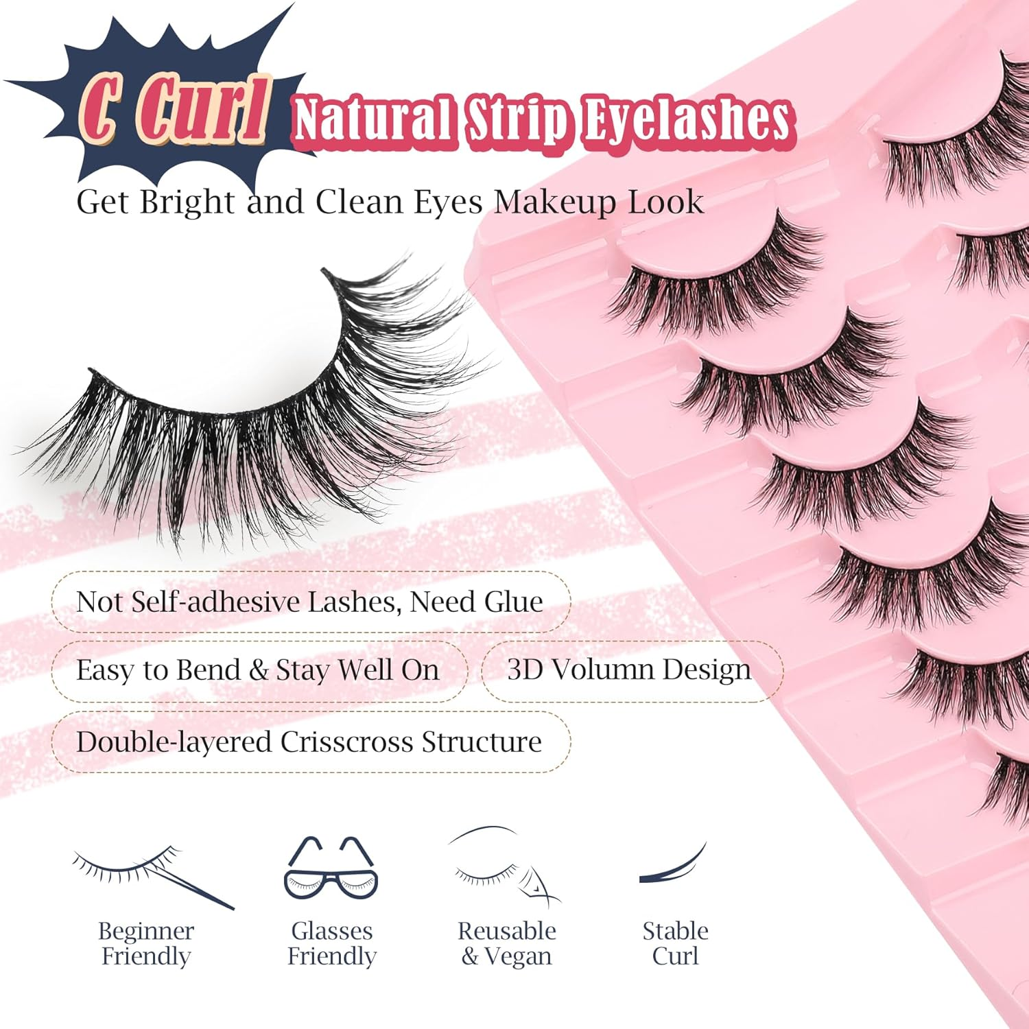 Eyelashes, Cat Eye Lashes, 15 Mm False Eyelashes, 3D Volume Fake Lashes, Natural Eyelashes, Thin Band, Wispy Eyelashes, Eyelash Extensions, C Curl Eyelashes, Siligli False Lashes Pack, 7 Pairs image number 4