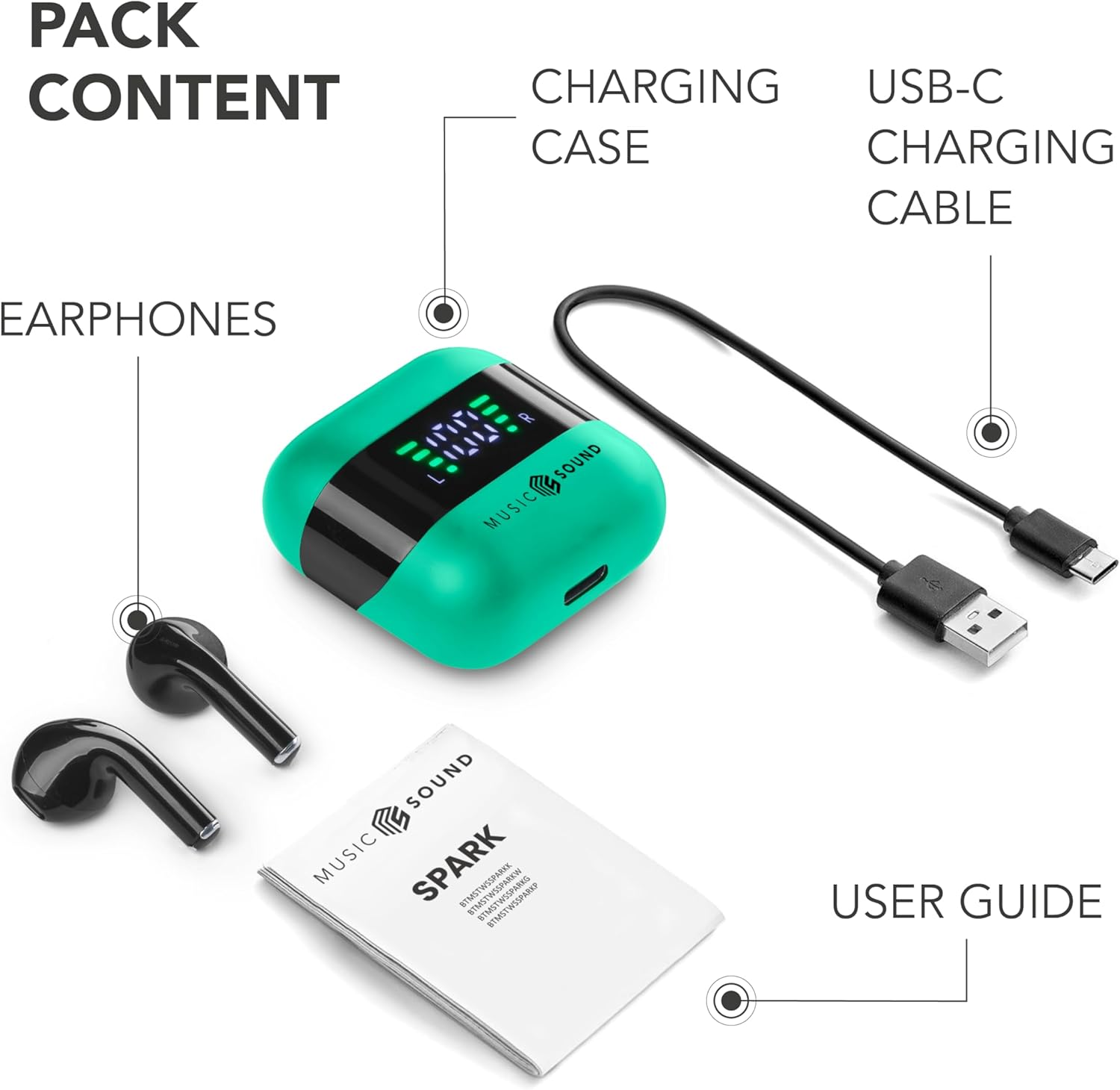 Music Sound, Spark TWS Bluetooth Wireless Headphones, LED Display, 30 Hours Playback, Auto Pairing, Touch Control on Earbuds, Green - Pink image number 4