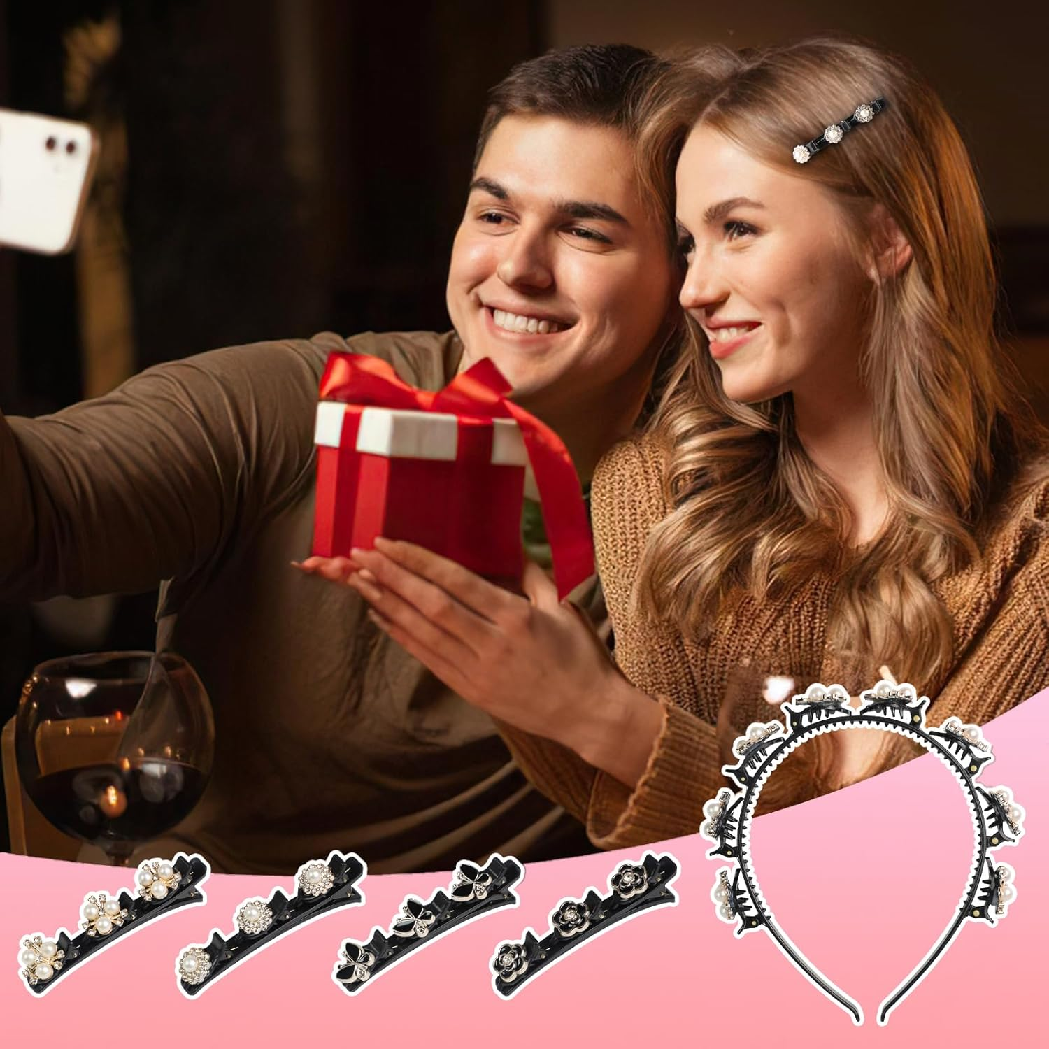 Pack of 5 Hair Clips with 3 Clips, Hummingbird Hair Clip with Pearl Sparkling, Double Layer Braided Hair Clip for Women, Girls, Children, 1 Headband with Clips image number 1