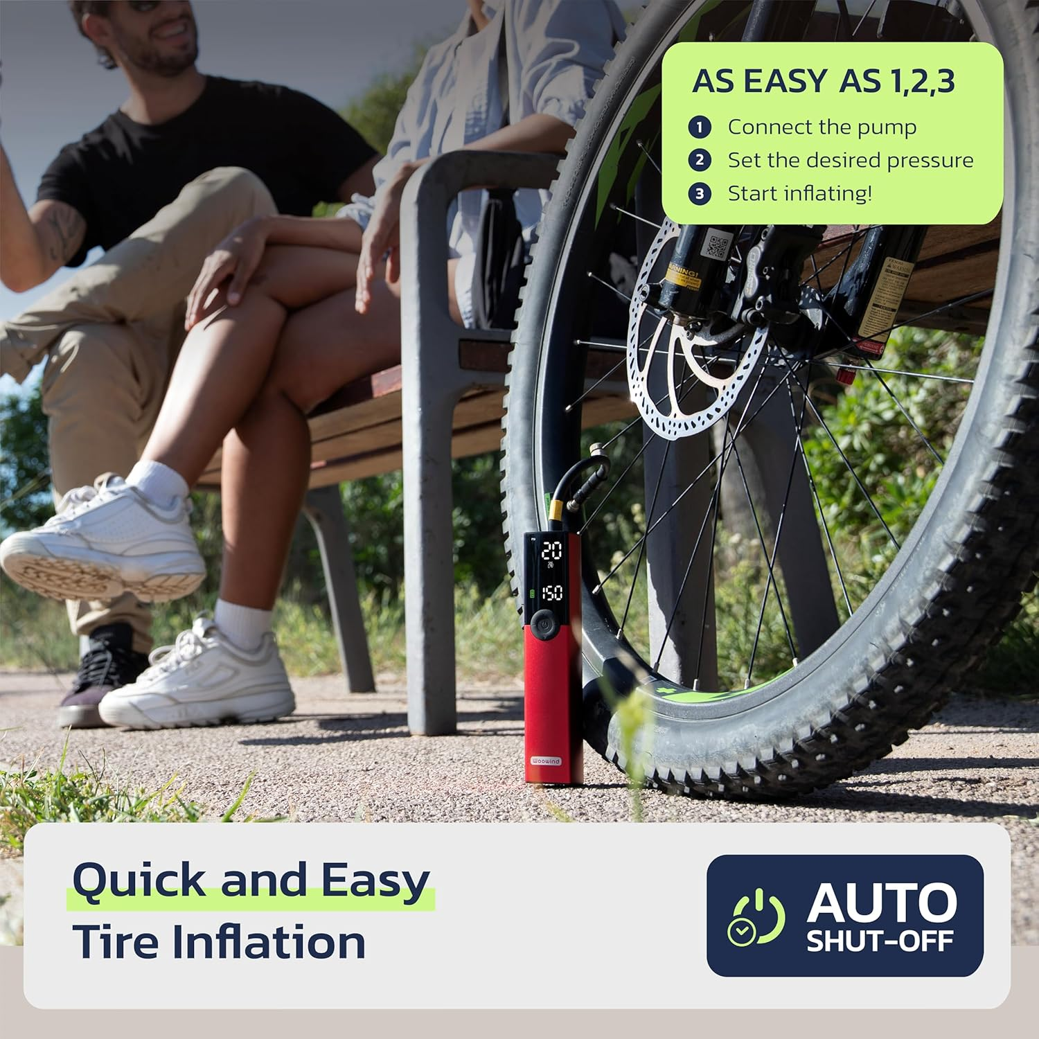 Woowind BP188 Bike Pump Electric Bicycle Pump, Portable Tyre Inflator Air Pump for Car Tyres, Auto Shut-Off Tyre Pump with Presta, Schrader Valve, 120~150PSI and Rechargeable(Red) image number 3