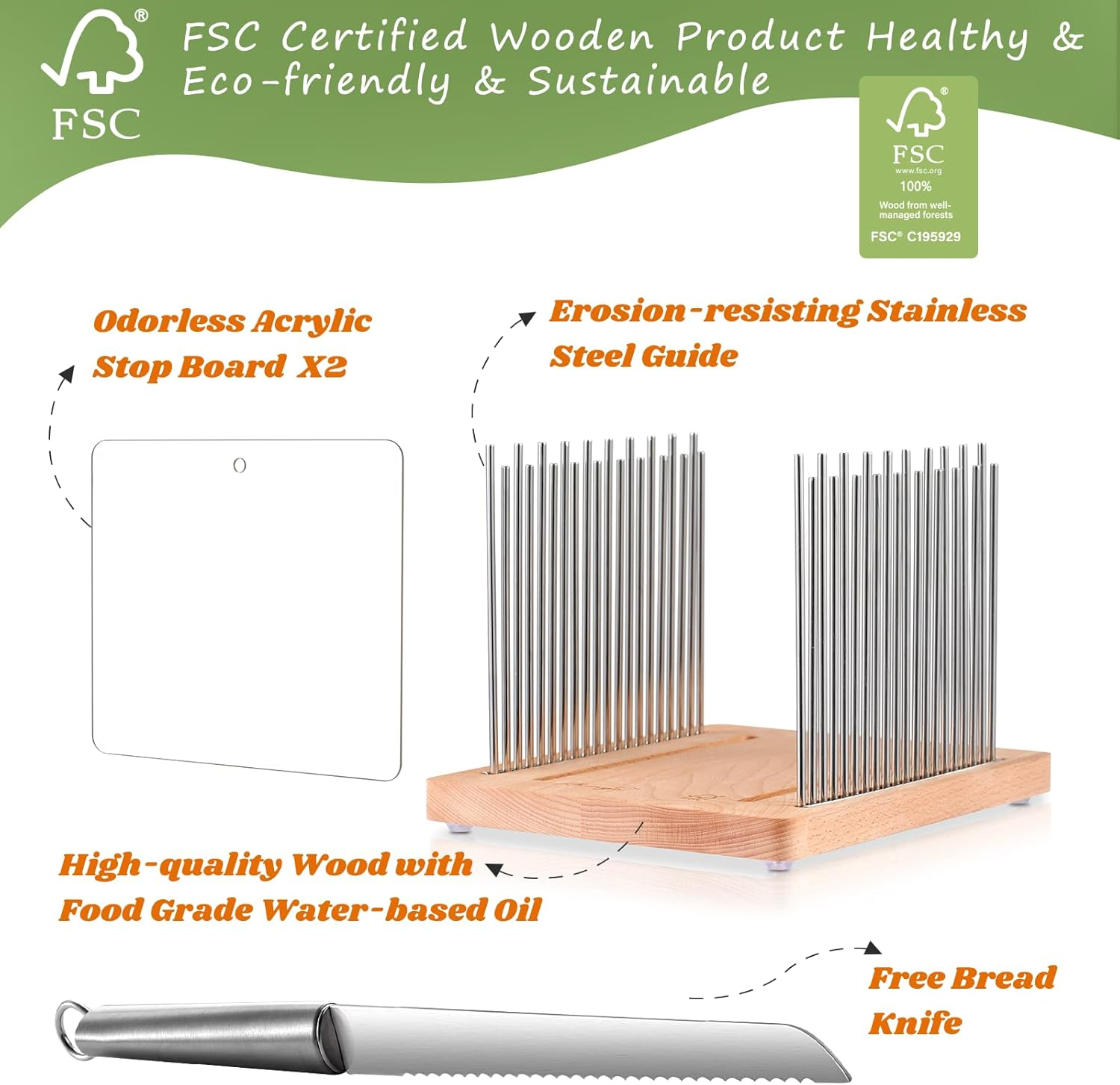 Bread Slicer, Bread Slicer for Homemade - Bread Cutting Guide Adjustable, Stainless Steel Slicing Guide, Durable and Stable Wooden Structure with Bread Knife image number 4