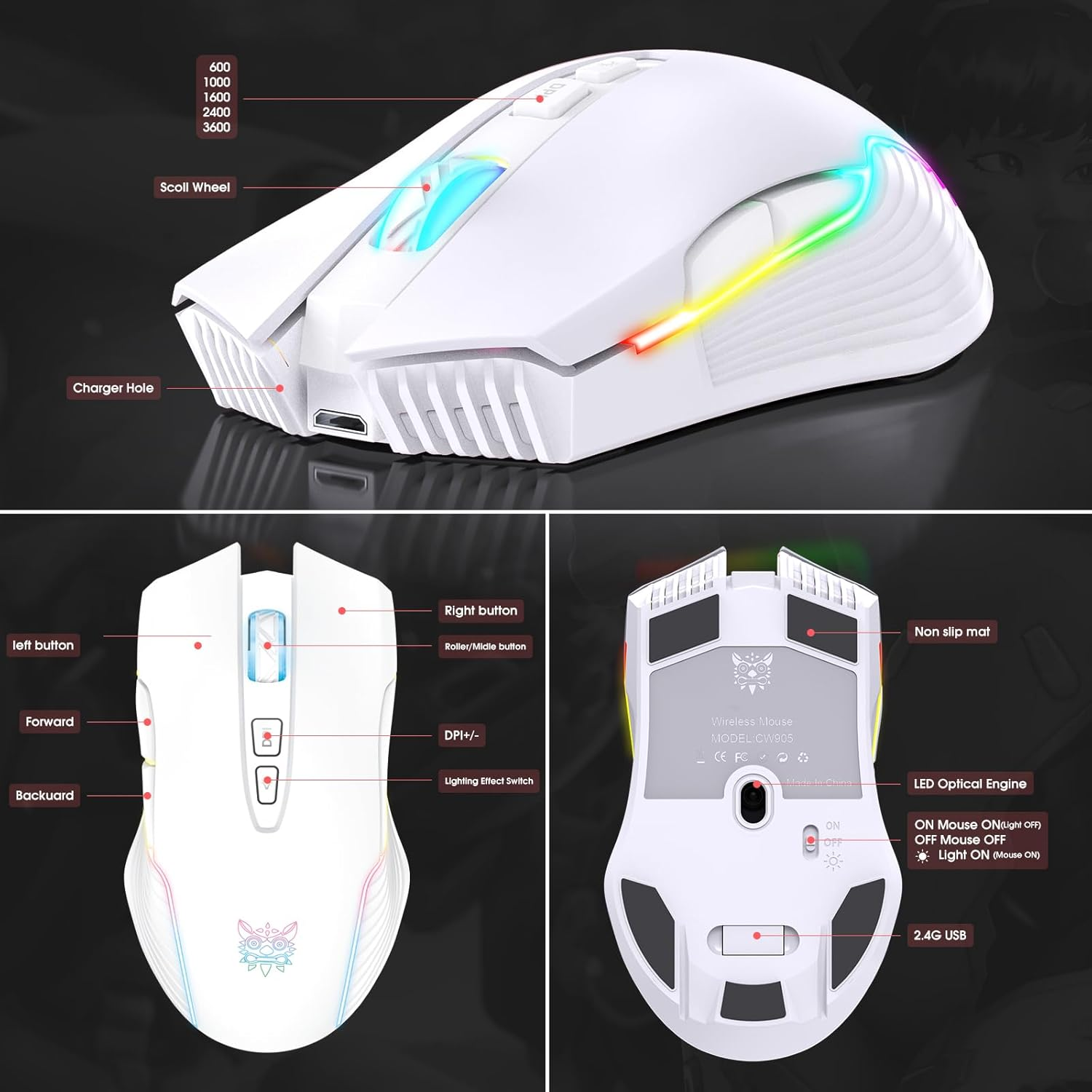 PHNIXGAM RGB Gaming Mouse, Ergonomic Design, Adjustable DPI, Compatible with Windows, Mac (White Wireless)