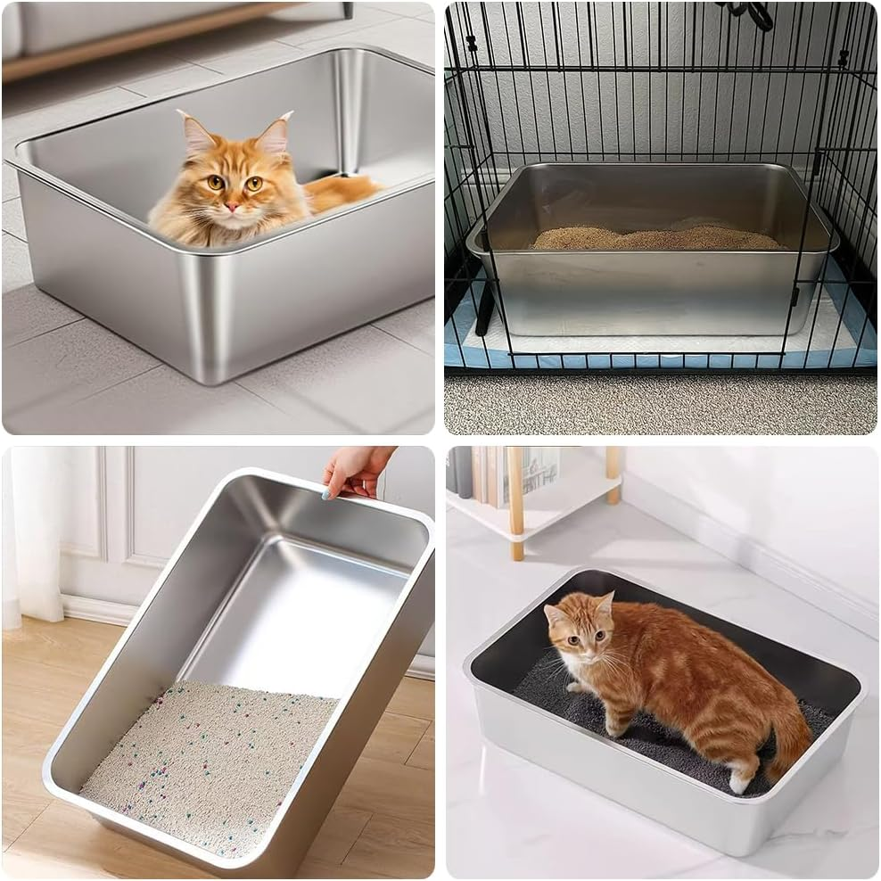Stainless Steel Cat Litter Box,15.8 X 11.8 X 3.94 in Metal High-Sided Litter Pan, Non-Stick & Odor-Free, Easy to Clean Indoor Pet Toilet for Cats, Kittens & Rabbits image number 2