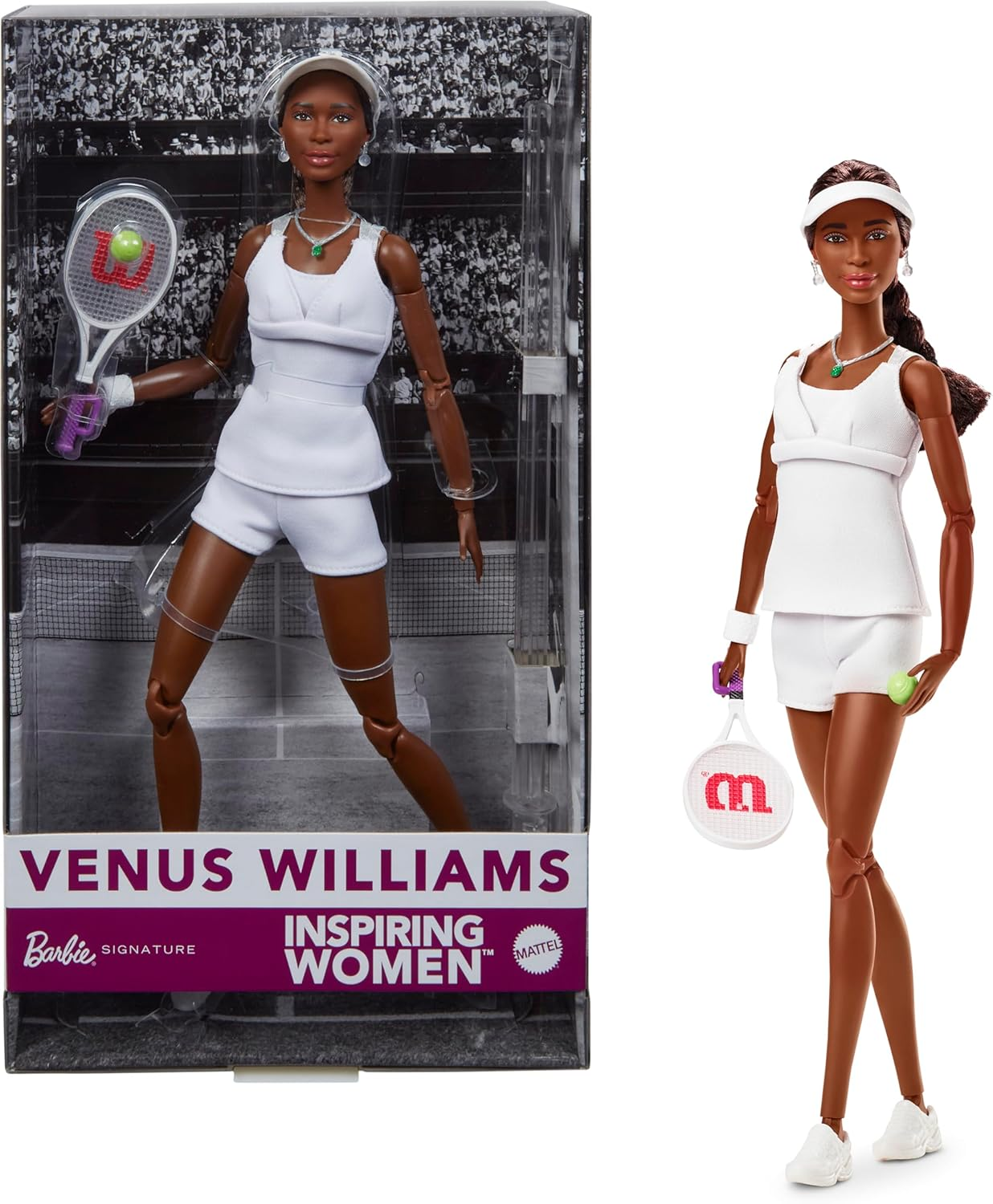 Barbie Inspiring Women Series, Venus Williams Fashion Doll with Signature Tennis Uniform and Racket, Includes Displayable Packaging image number 2