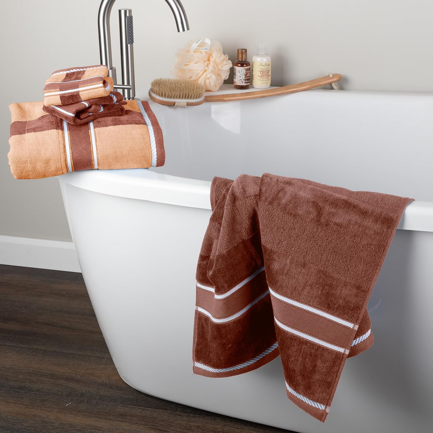 Lavish Home 6-Piece Bath Towels Set - Oakville Beige-Striped 100% Cotton Velour Set with 2 Bath Towels, 2 Hand Towels, and 2 Washcloths By - Beige image number 4
