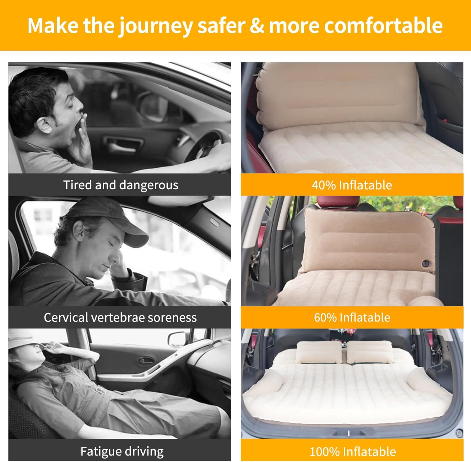 KMZ SUV Air Mattress Thickened and Double-Sided Flocking Travel Camping Bed with 2 Pillows & Electric Pump Dedicated Mobile Cushion Inflatable Bed for SUV Trunk and Rear Seat (Beige and Coffee) image number 4