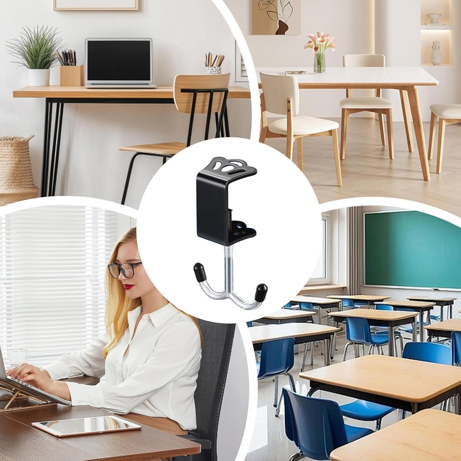 Rissunkv Desk Clamp Hook, Desk Mount Double Hooks Iron Bag Holder, Purse Hook Adjustable Thickness for Table for Headphones, Keys, Umbrellas - Black image number 3