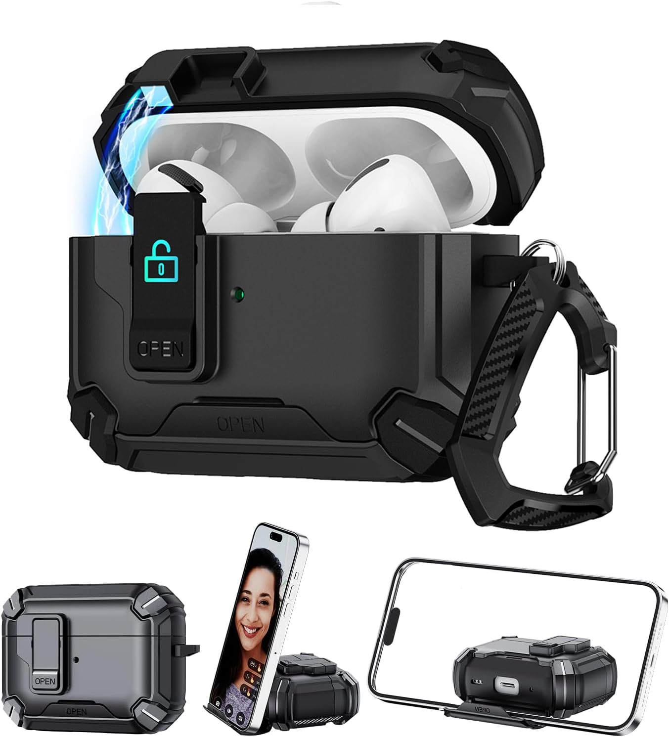 Komiyaa for Airpods Pro 3 Case (2025) with Phone Stand, [Compatible with Magsafe Wireless Charging, Magnetic Automatic Lock Cover with Keychain for Airpods Pro 3Rd Generation (Green)