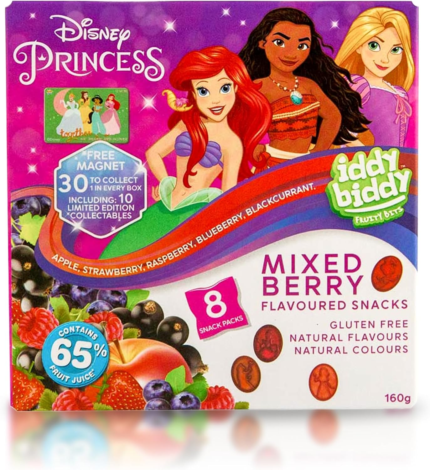 Iddy Biddy Disney Princess Fruit Snack, Mixed Berry, 8 Snack Pack, 160G - Gluten Free, Natural Colours & Flavours, 65% Fruit Juice, Kids Lunch Box Treats image number 5