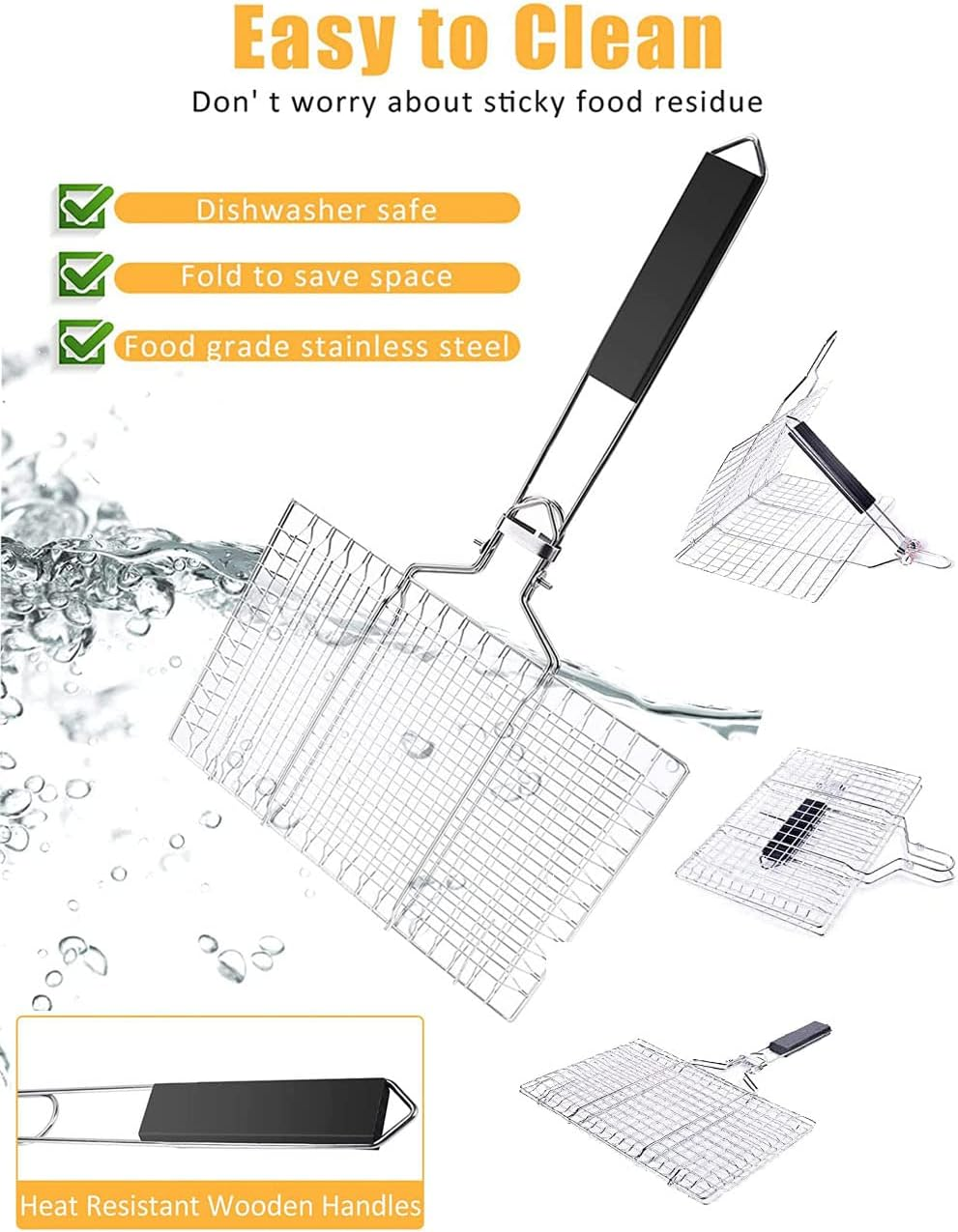 Barbecue Grill Basket with Handle, Stainless Steel Vegetable Grill Basket Value Set, Portable Fish Barbecue BBQ Grilling Basket, Foldable Non Stick Wire Mesh Net Clip for Steak Outdoor Camping (32CM) image number 6