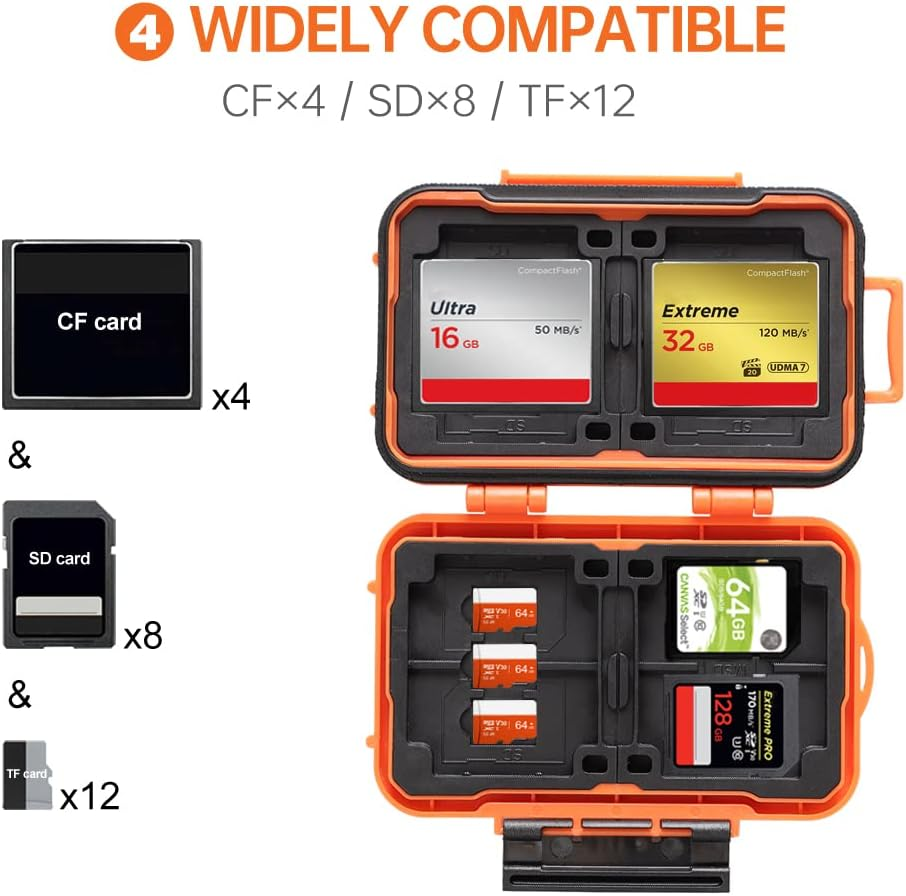 Water-Resistant & Anti-Shock Memory Card Case - Holds 24 Cards: 8 SD/SDXC/SDHC, 4 CF, 12 Micro SD/SDXC/SDHC TF (Orange) - Orange image number 6