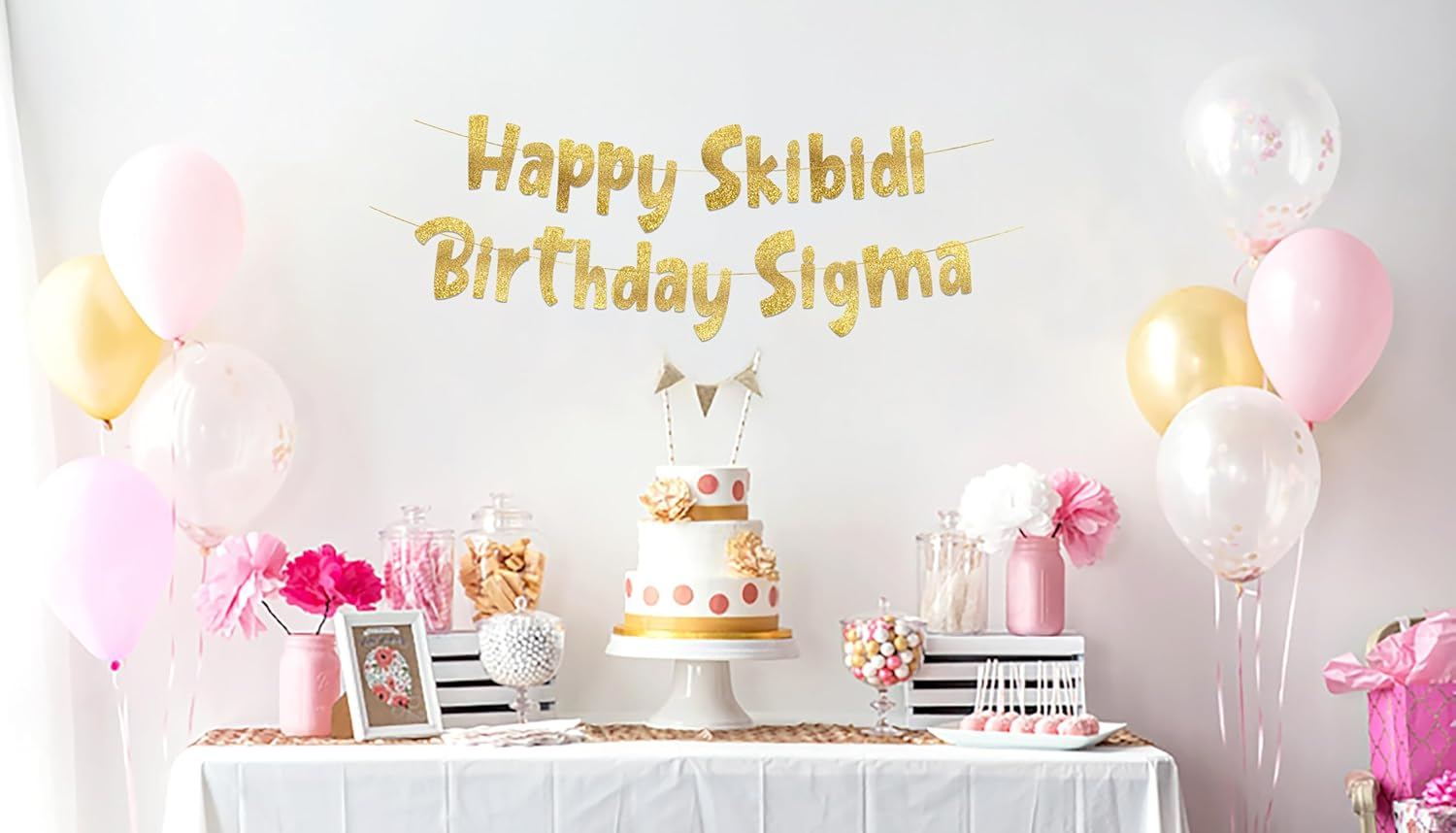 Happy Skibidi Birthday Sigma Gold Glitter Banner - Gen Z Slag - Funny Zoomer Birthday Decorations, Favors, Supplies, Ideas and Gifts image number 1