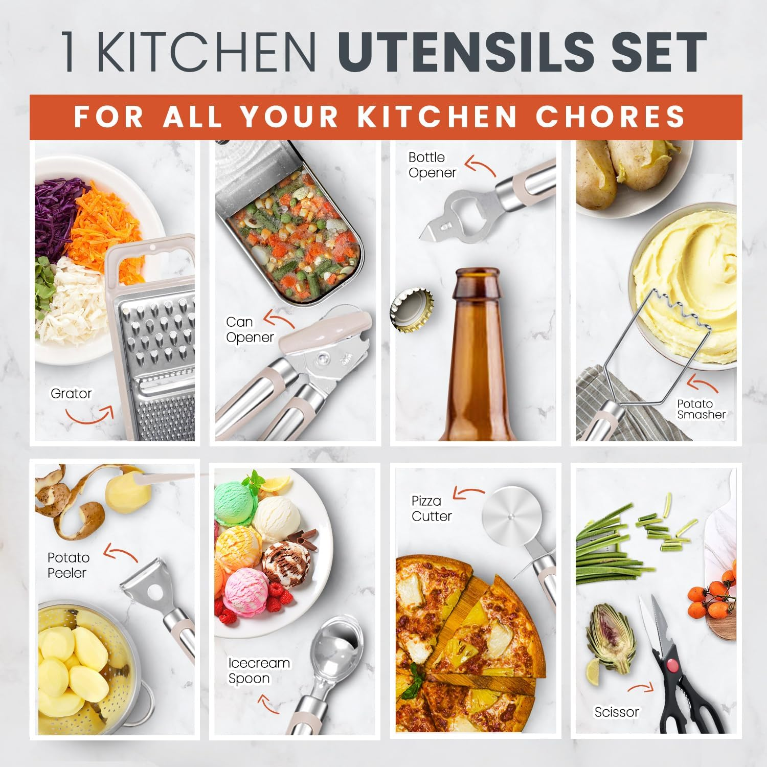 RFAQK Kitchen Utensils Set with Holder, 40Pcs Silicone Cooking Utensils for Nonstick Cookware,Heat Resistant Kitchen Tools & Gadgets with Can Opener,Potato Peeler,Tongs, Spatulas, (40 Pcs Khaki) image number 1