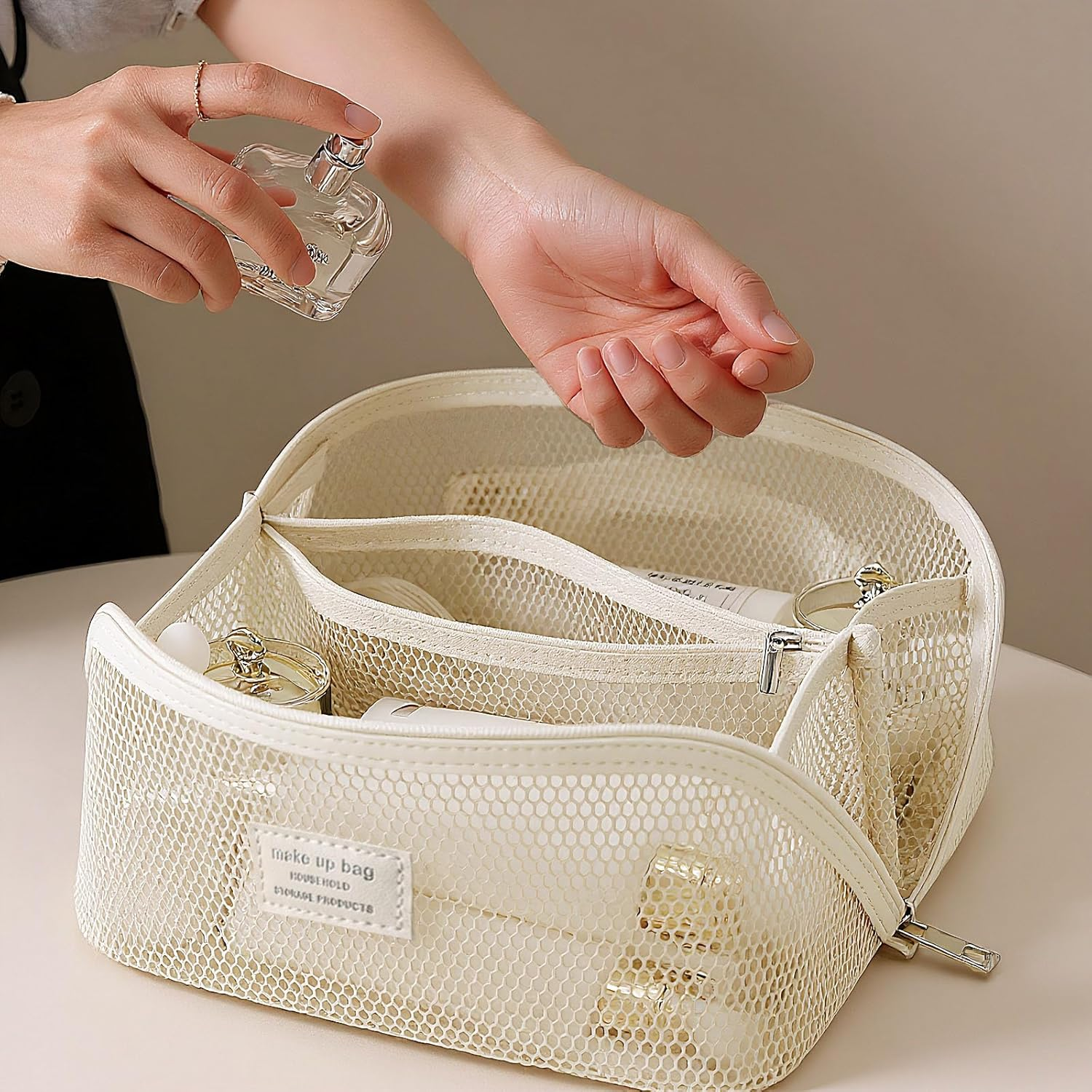 Zaciea Portable Cosmetic Makeup Pouch Bag for Women, Travel Toiletry Bag with Handle and Divider (White) image number 2