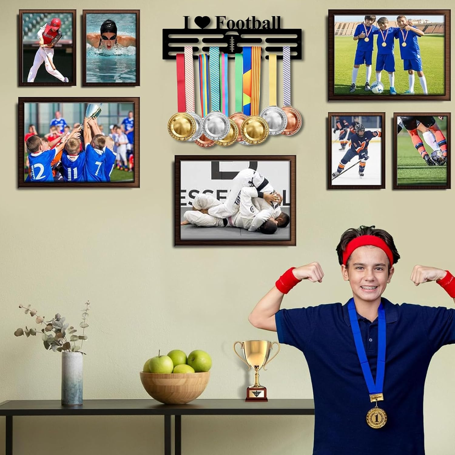 Resama Medal Hanger Holder Display Wall Rack Frame Shelf-Medal Hanger Awards Ribbon Soccer,Gymnastics,Holder Display Rack for 60 Medals - Basketball image number 6