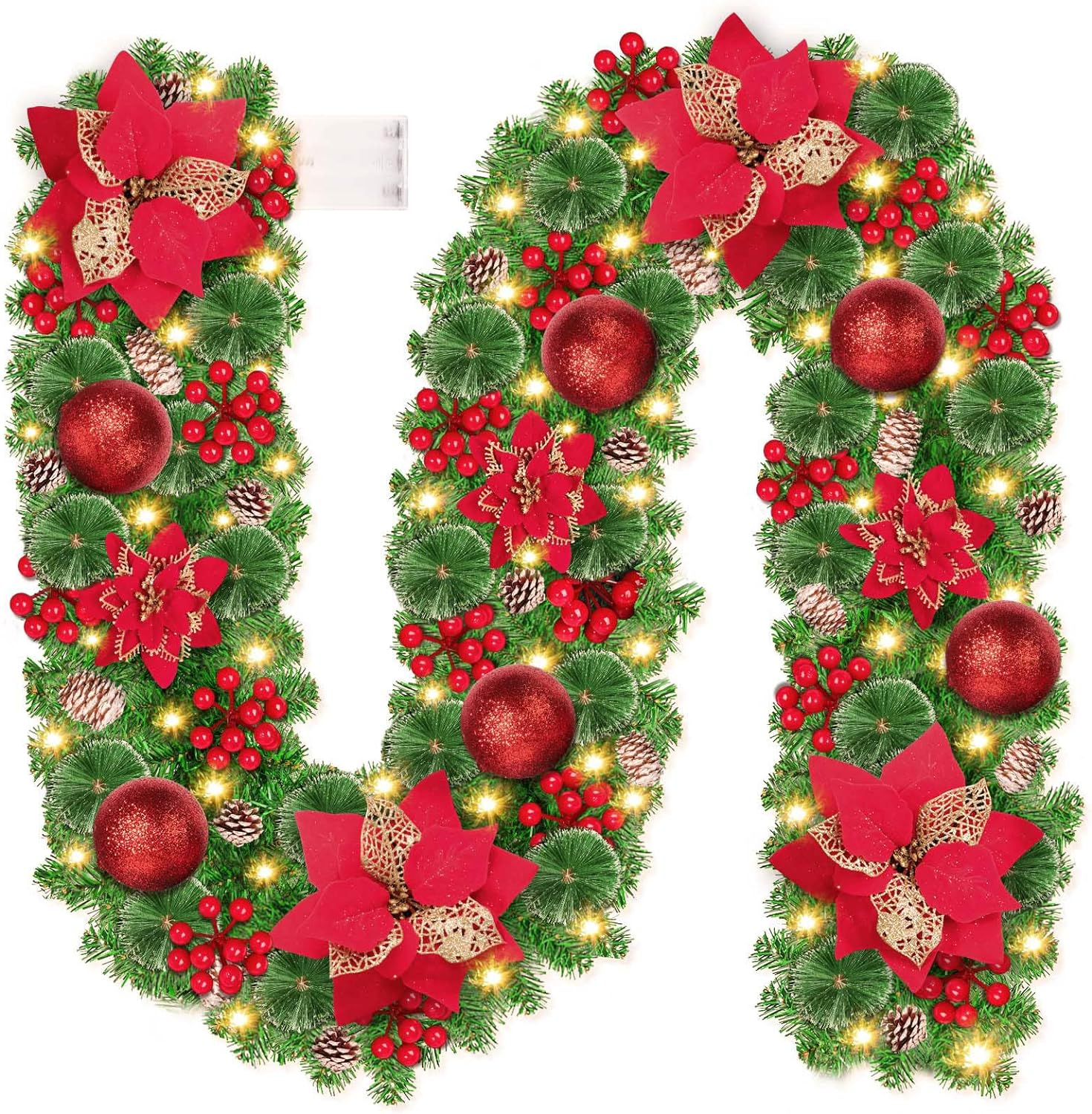 9Ft Christmas Garland with 30 Leds, Artificial Indoor/Outdoor Decorations, PVC & Rattan Material, Red Color, Perfect for Trees, Fireplace, Doors & More image number 5