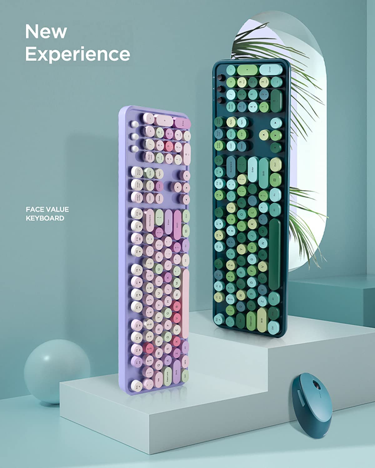 Wireless Keyboard and Mouse Combo Retro Typewriter Keyboard with Numeric Keypad and Optical Mice Set 2.4Ghz USB Keyboard for Mac Windows 7/8/10/11 Laptop Desktop - Blue Colorful image number 2