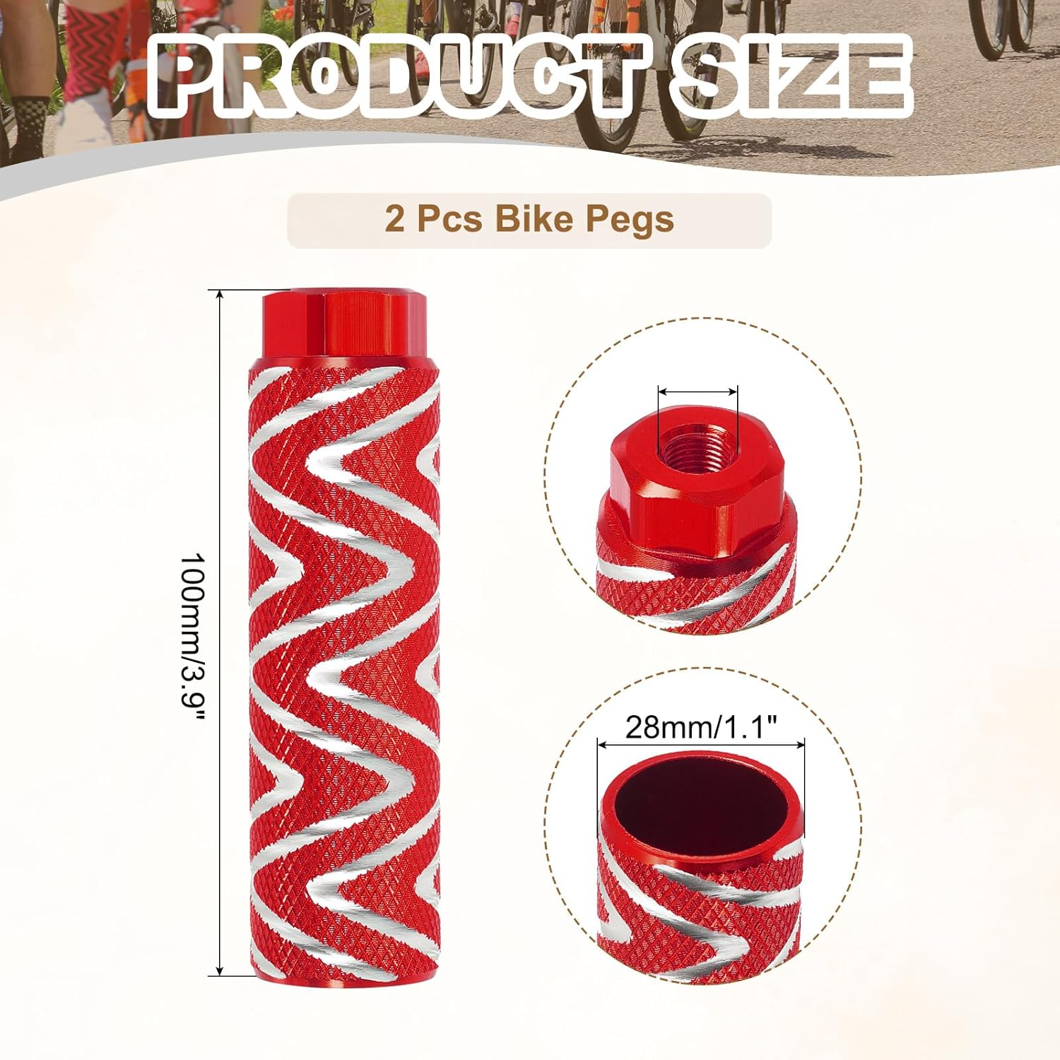 Uxcell Bike Pegs Fit 3/8 Inch Axles, 2 Pack Aluminum Alloy Anti-Skid Lead Foot Bicycle Peg Back Seat Stands with Stripe for BMX Mountain Dirt Bike Cycling Rear Stunt Pegs, Red image number 1