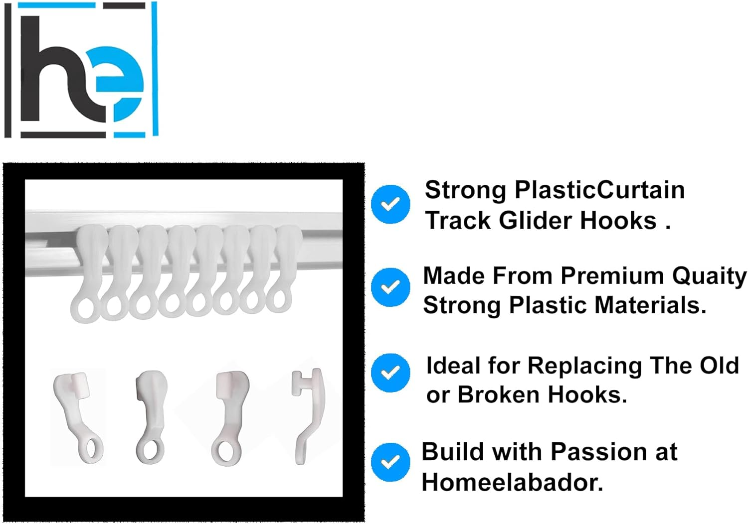 Plastic 50 Pieces White Glider Hooks for Ceiling Curtain Track Easy Fit Strong