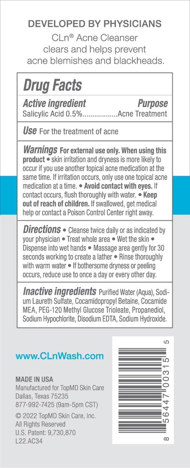 Cln&reg; Acne Cleanser-The Only Facial Cleanser with 0.5% Salicylic Acid Preserved with Sodium Hypochlorite for Clarifying Skin from Blackheads & Breakouts, Oil-Free & Fragrance-Free, 3.4 Fl. Oz. image number 5