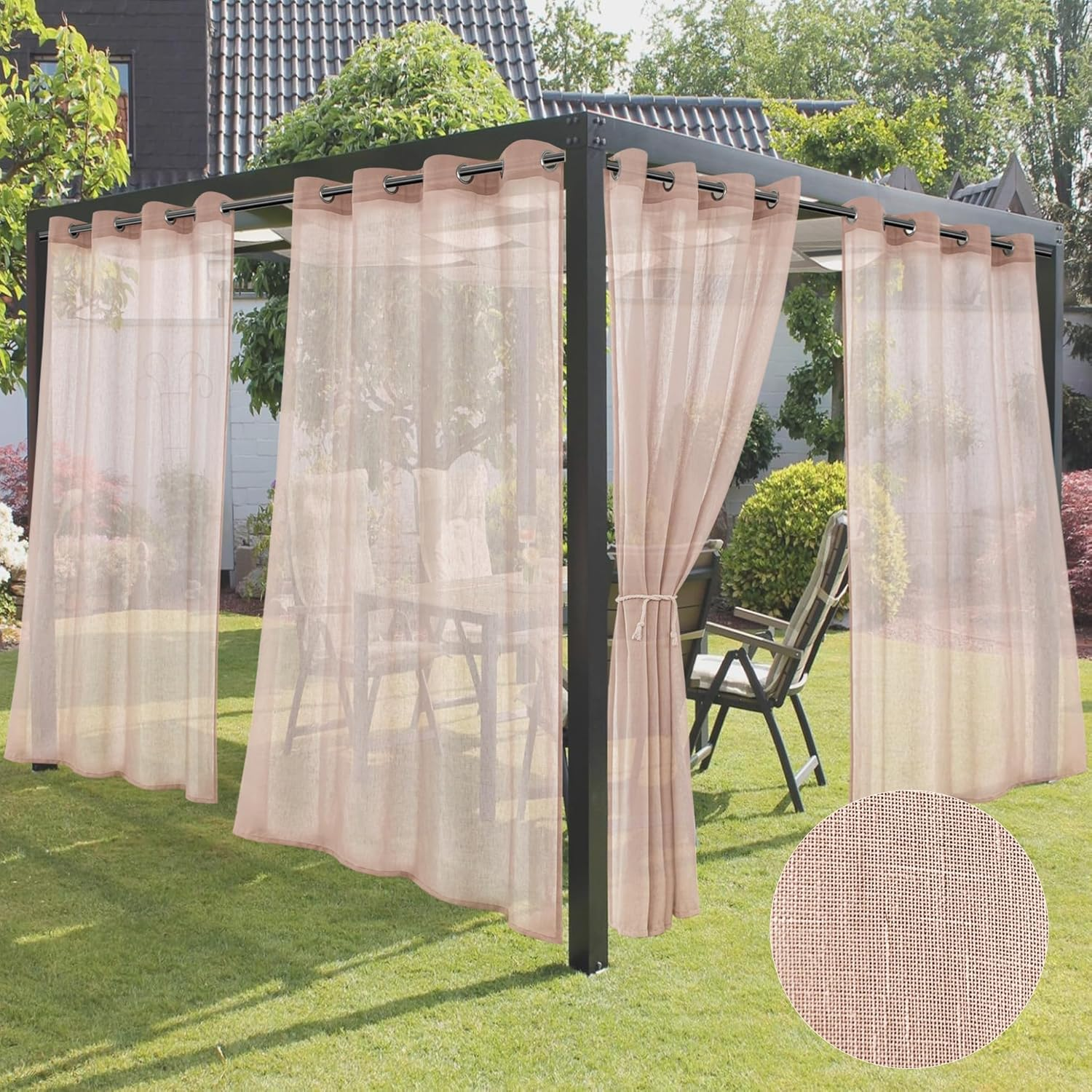 Holidayideas 4 Panels Outdoor Curtains for Patio-Natural Linen Semi Sheer Curtains for Patio Waterproof, Privacy Sun Light Indoor outside Drapes for Gazebo, Pergola, Balcony, Pool, Backyard 54X95 Inch