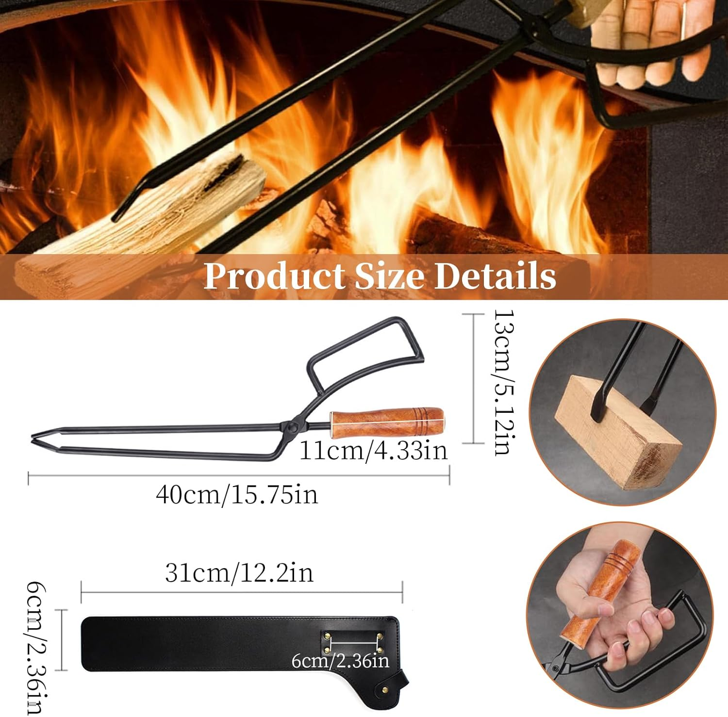 Heavy Duty Fireplace Tong Log Grabber with PU Leather Cover- 40CM Fireplace Tong with Rubber Grip for Campfire, Fire Pit, BBQ, Wood Stove, Durable Fireplace Poker for Handling Hot Logs (Black Cover)