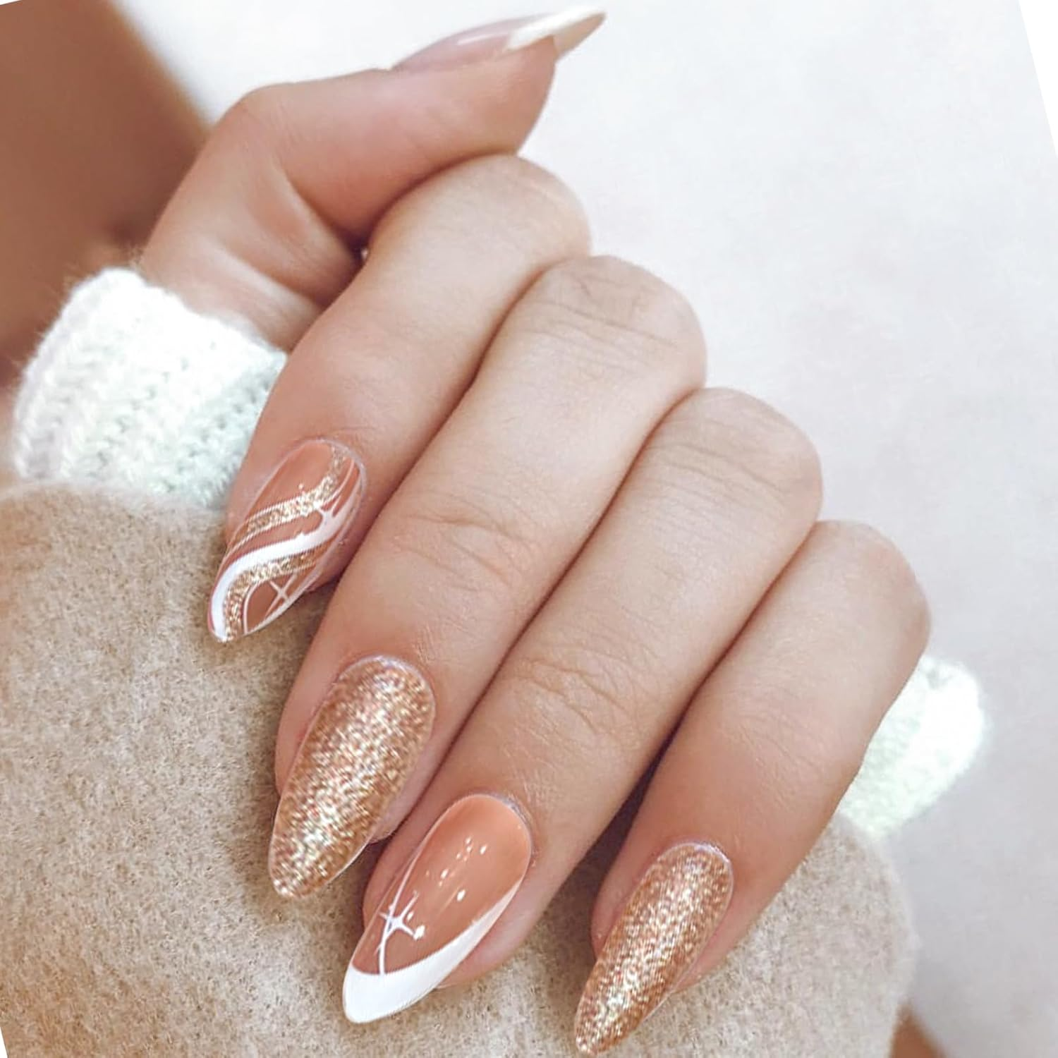 BUOKSLLY 24 Pieces Almond Shape Push on Nails, Matte Black & Gold Glitter, Nail Art Set, Stick on Nails for Daily Use, Party & More image number 2