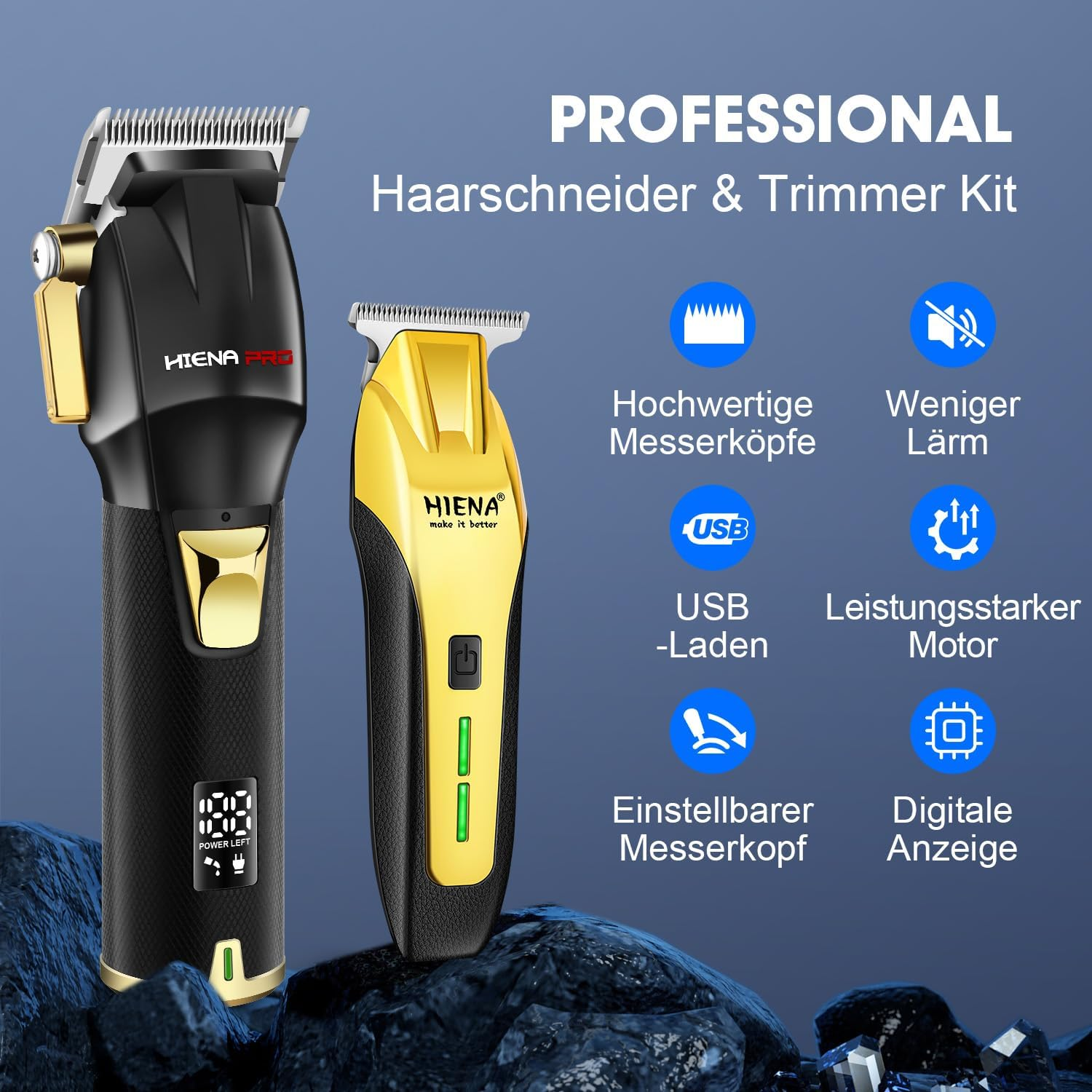 HIENA PRO Hair Trimmer Kit, Professional Hair Trimmer, Black Gold, Stainless Steel Blades, 1 Count image number 5