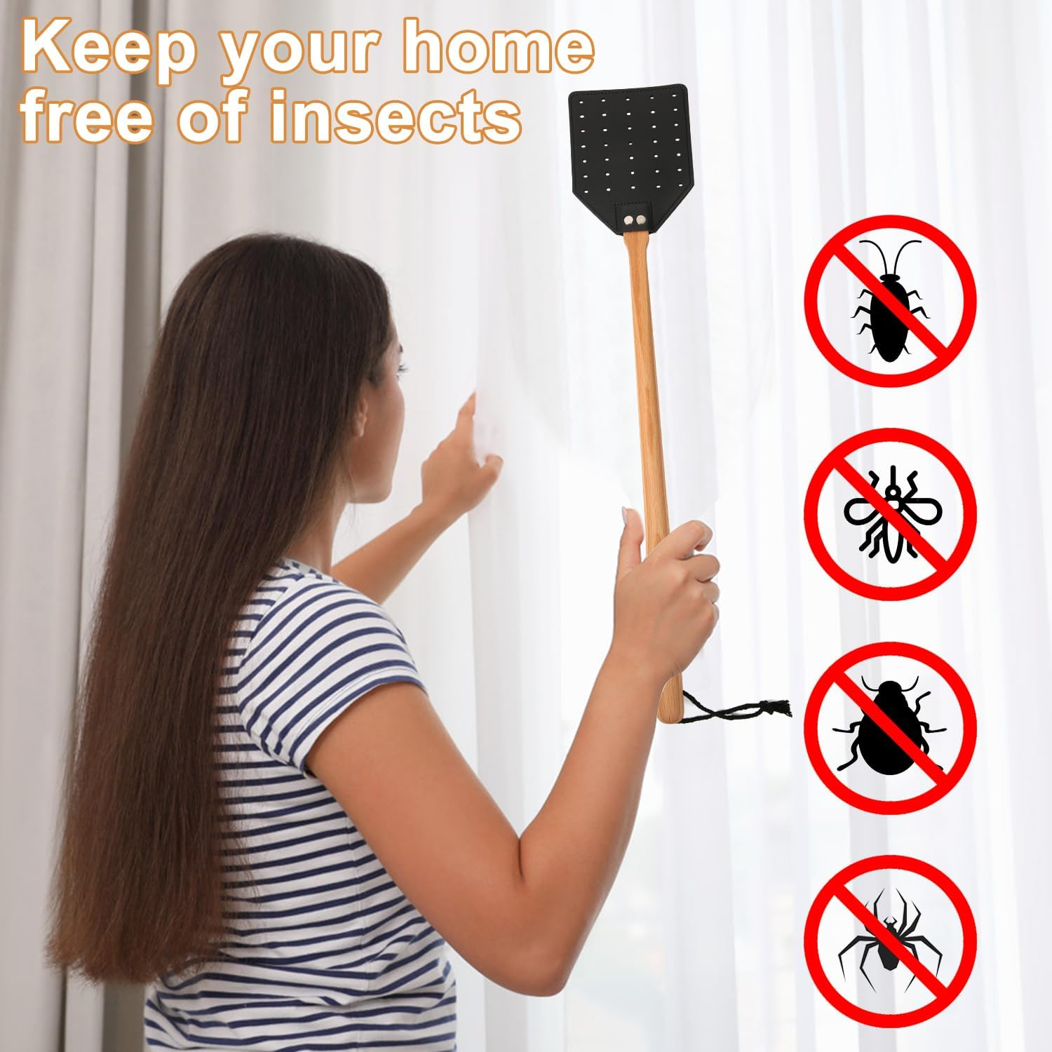 2Pcs Leather Fly Swatter, Manual Heavy Duty Fly Swatter with Long Wood Handle and Hanging Rope Durable Fly Swatter Catcher Wasp Swatter for Indoor Outdoor Home Fly image number 6
