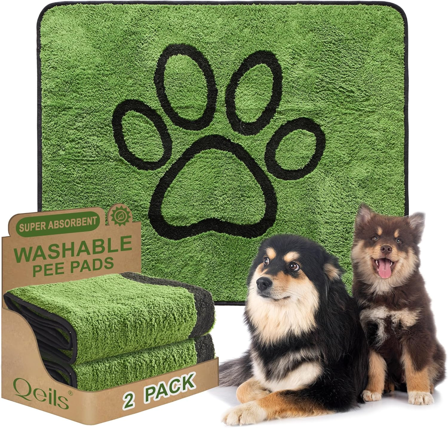 Qeils Washable Pee Pads for Dogs, 2 Pack Super Absorbent Reusable Puppy Pads with Green Long Wool for Potty Training, Floor, Couch, Bed, and Crate,18"X 24" image number 1