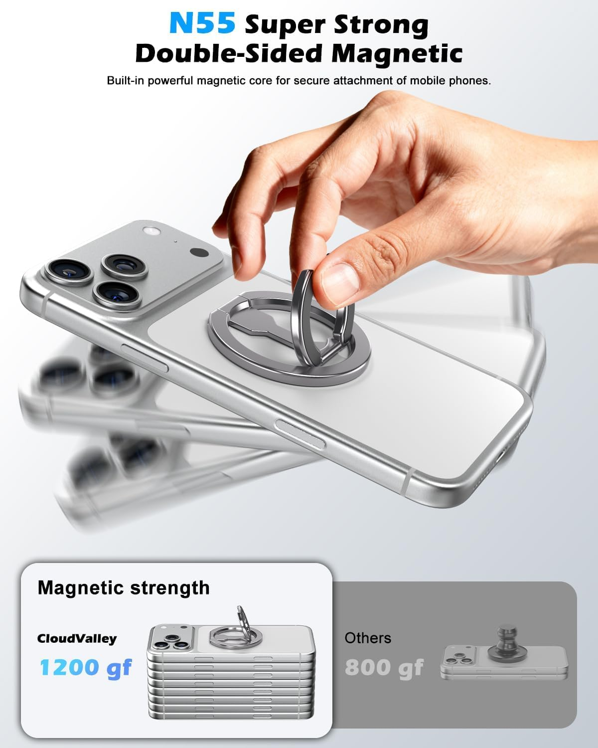Cloudvalley Magnetic Phone Ring Holder for Magsafe, Dual-Sided Removable Phone Grip with 360&deg;Rotating Kickstand, Strong Magnet for Iphone 17 16 15 14 13 12 Series & Magnetic Car Mounts, Gray - Silver image number 3