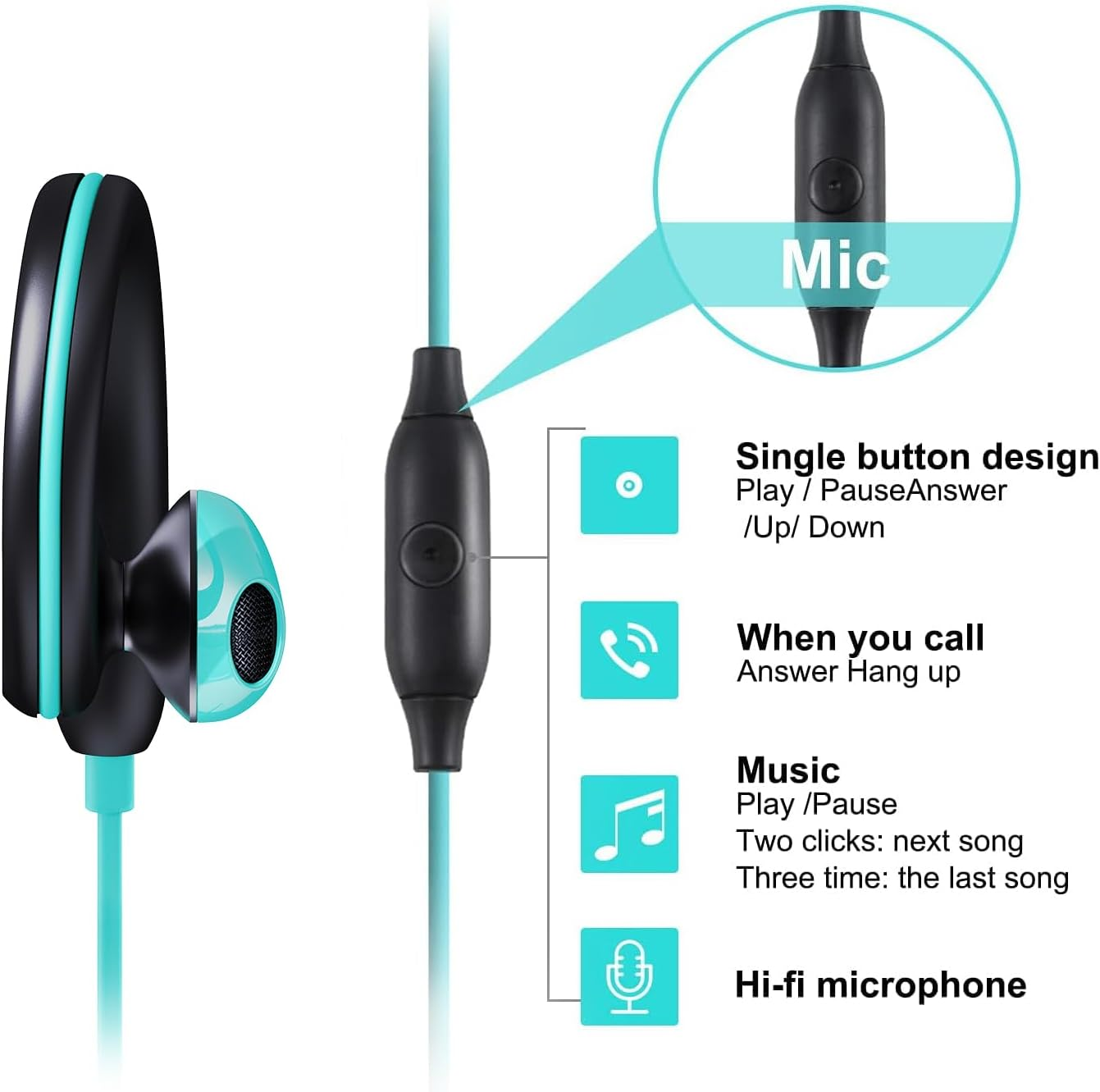 Sport Headphones Wired Earbuds over Ear Headphones with Earhooks Microphone 3.5Mm Plug Sweatproof Running Earphones for Workout Jogging Gym Ear Buds for Computer