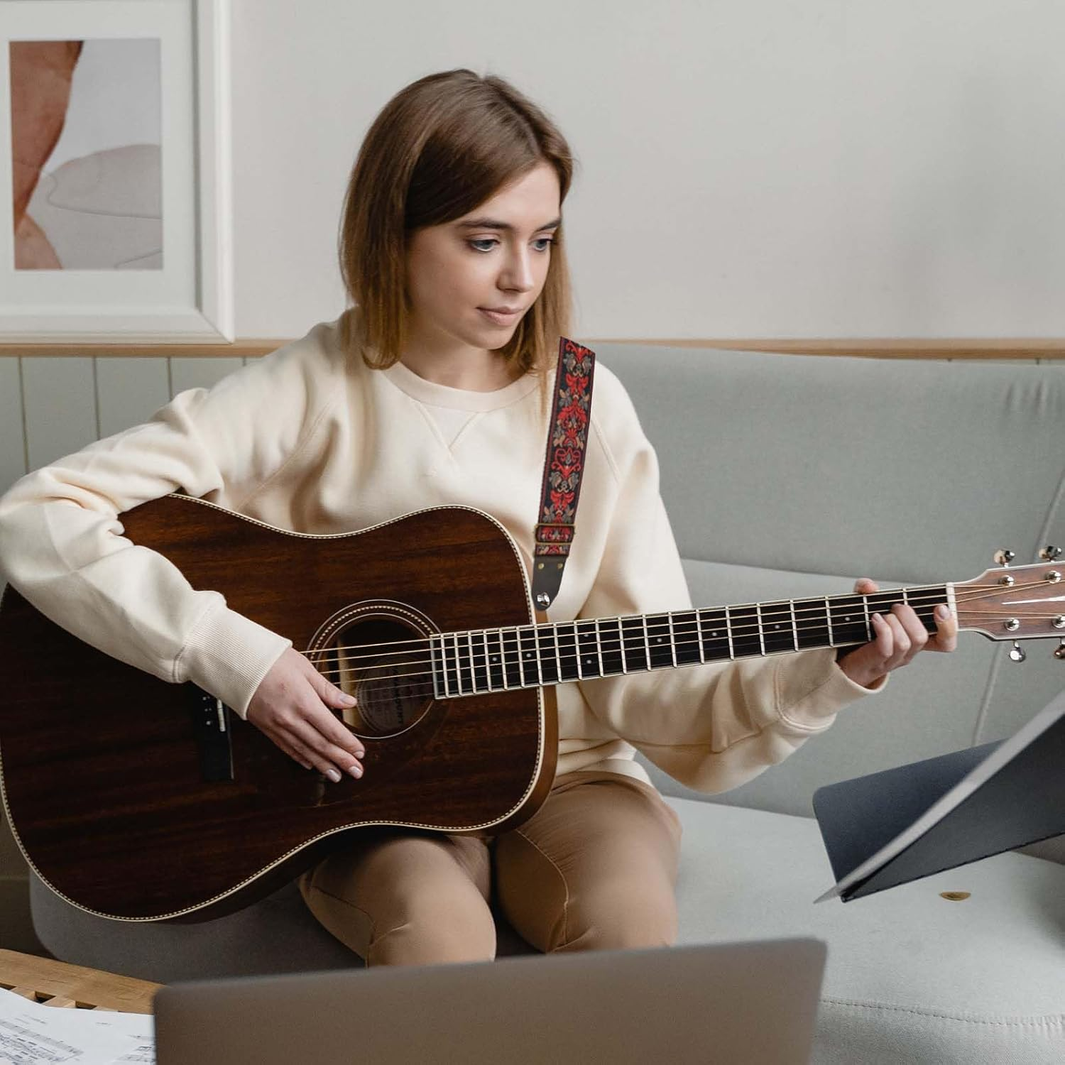 Guitar Strap, Electric Acoustic Guitar Strap Guitar Straps with Leather Ends Adjustable Guitar Shoulder Belt, Nylon Personalised Guitar Strap Checkerboard Guitar Strap for Adult & Kids image number 1