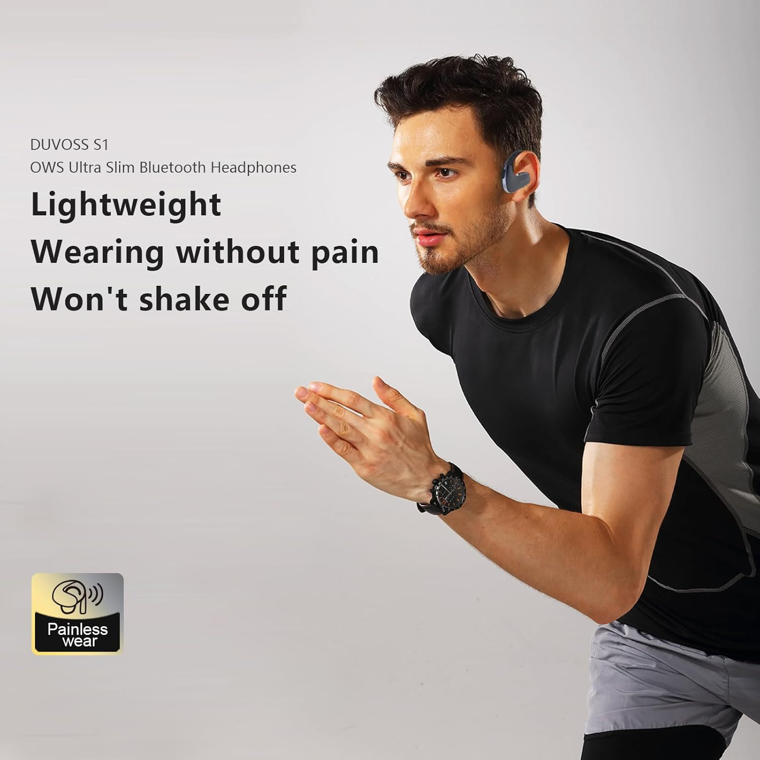 DUVOSS Open-Ear Headphones, True Wireless 5.3 Bluetooth Earbuds with Microphone, Clear Calls, Fast Charging, Music Playing, IXP4 Waterproof, Lightweight, Sports Earbuds with Ear Hook, 60 Hours, Black