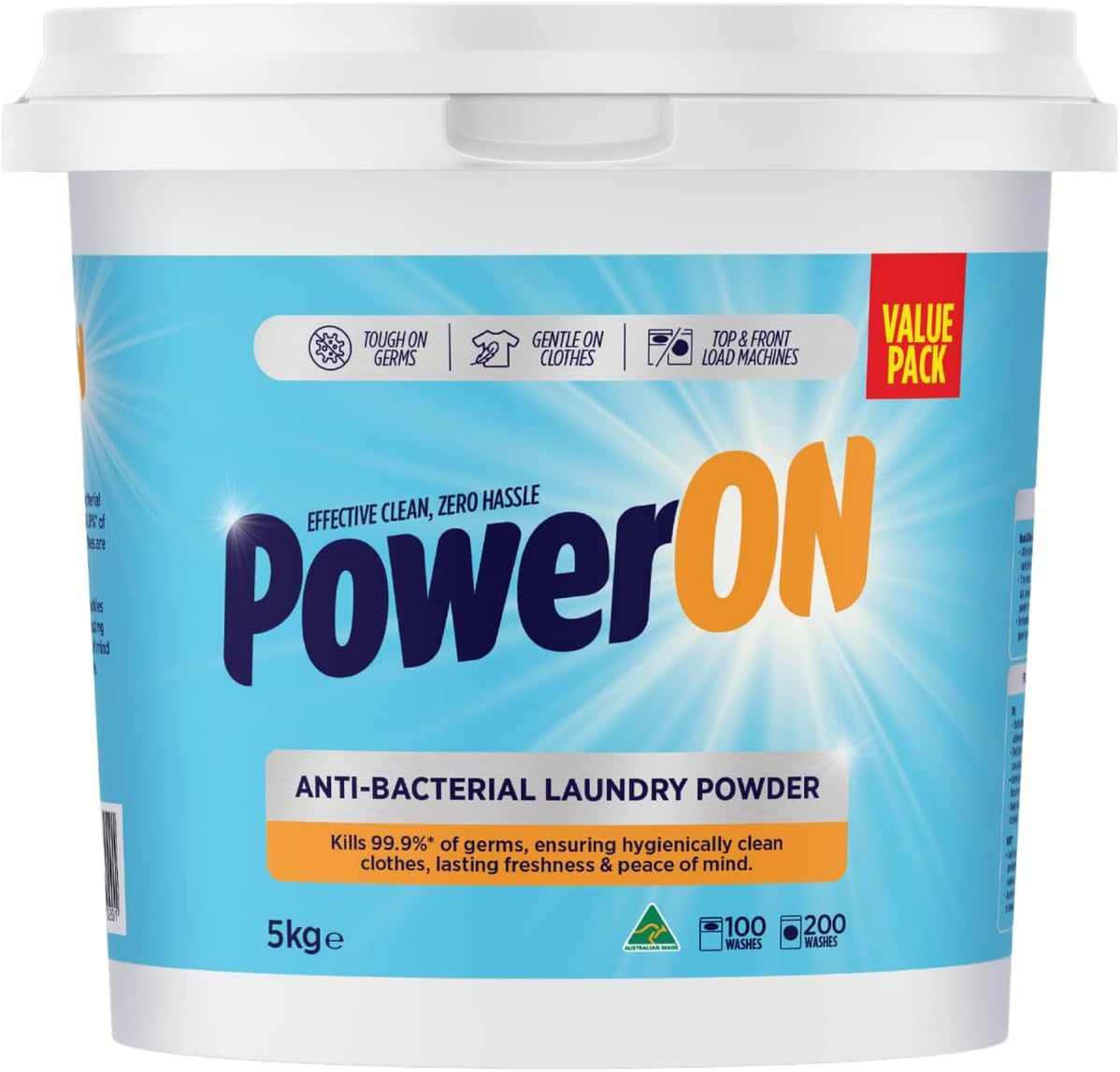 Poweron Antibacterial Laundry Powder - 5Kg - Cold Water Wash - Cool Clouds Fragrance - Australian Made - Advanced Powerful Formula