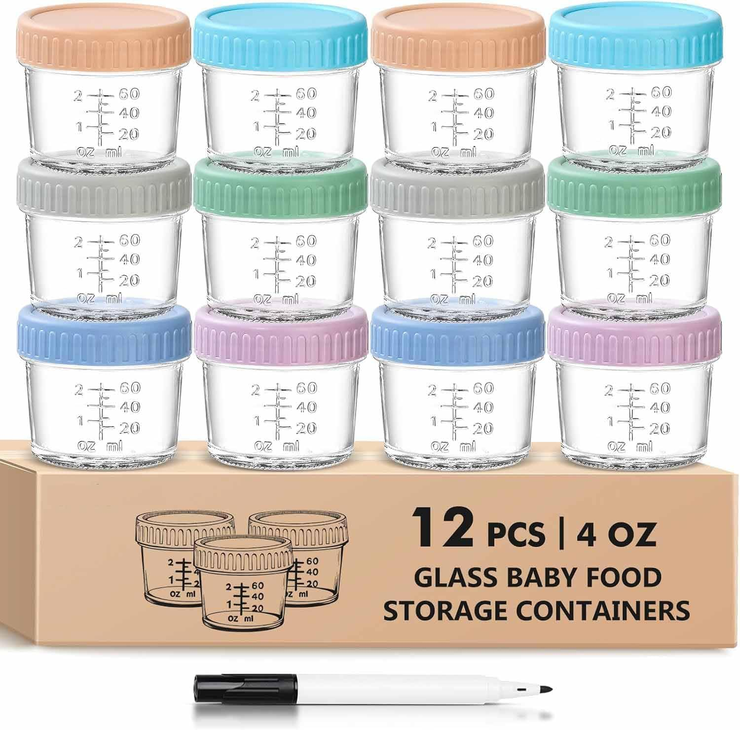 Yunking Glass Baby Food Storage Containers - 4 Oz Baby Food Jars with Lids Baby Food Maker Microwave Dishwasher Freezer Safe 100% Leak Proof BPA Free Reusable (12Pcs) image number 4