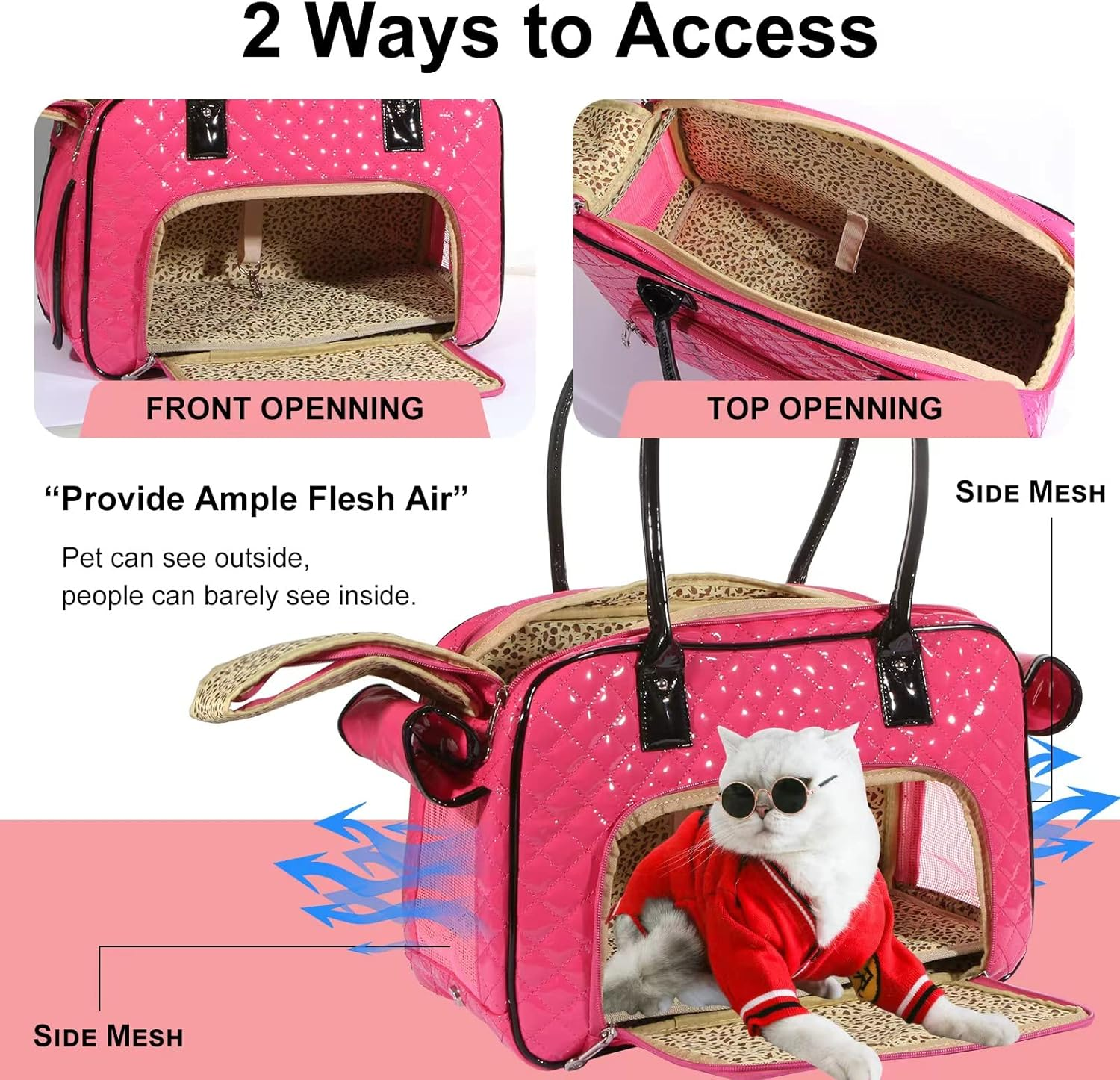 Betop House Mirror Surface Faux Leather Tote Purse Dog and Pet Carrier Travel Bag, Pink - Black And Pink image number 7