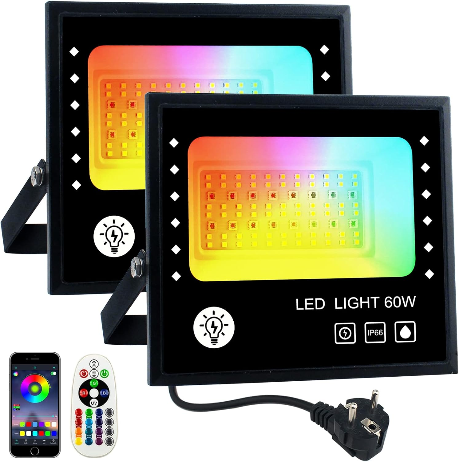 RGBW Flood Lights 2 Packs BOSITE Waterproof IP66 RGB + White LED Floodlight Dimmable Spot Lights with Remote/App Control for Garden, Patio/Yard/Stage Lighting/Christmas/Halloween Parties Decor image number 2