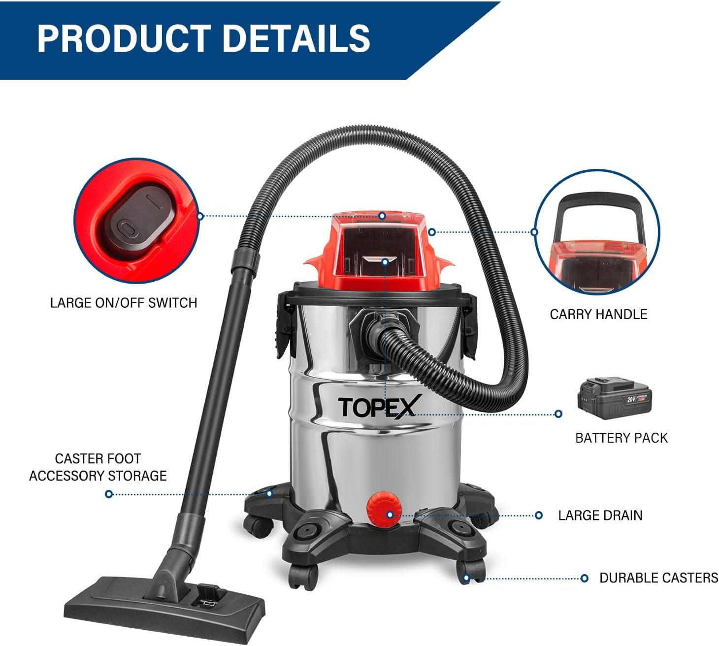 TOPEX 25L Cordless Wet & Dry Vacuum Cleaner Battery Powered Multi-Purpose Removable Universal Wheel with HEPA Filter Cartridge for Car, Garage, Workshop, Home with 20V 4.0Ah Battery and Fast Charger